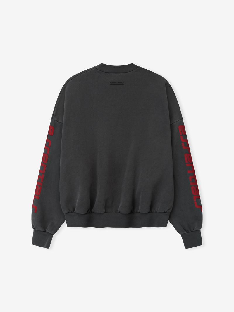 Back view of black Chicago heavy fleece cropped sweatshirt with red text printed along sleeves 0Y0Jc3OA.jpg gallery 0