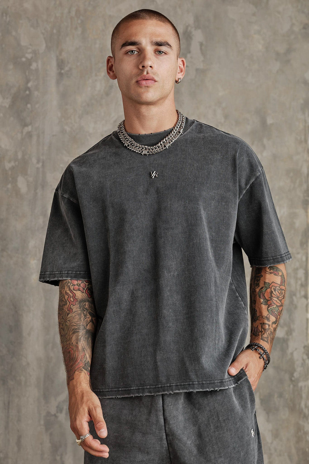 4153 - Elevated Essentials - Relaxed Tee - Oversized heavyweight cotton tee with drop shoulders, natural drape, and subtle 'Elevated' detailing in colour Grey Wash.