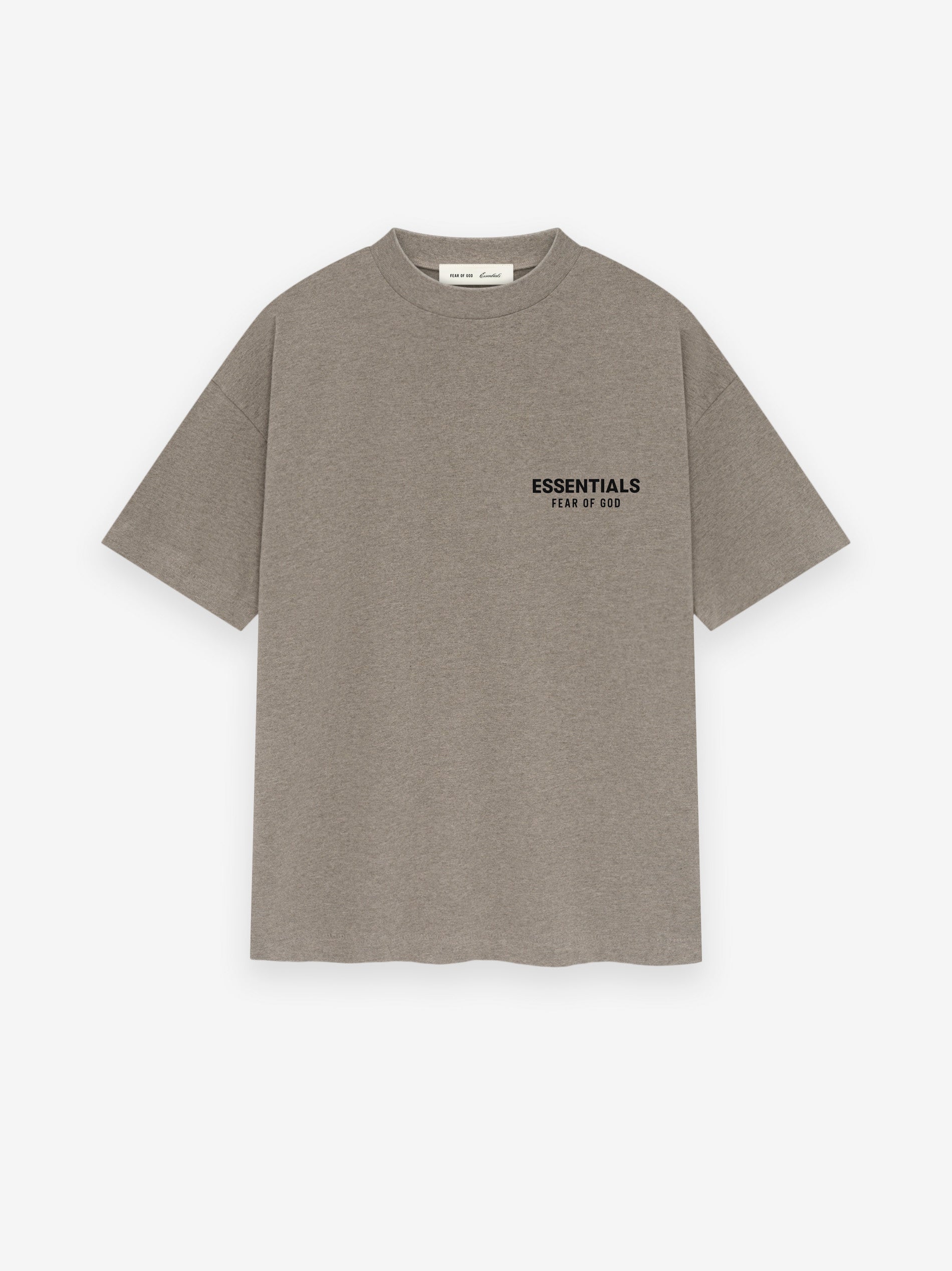 taupe medium-weight cotton jersey t-shirt with ribbed crewneck and small Essentials Fear of God logo on chest