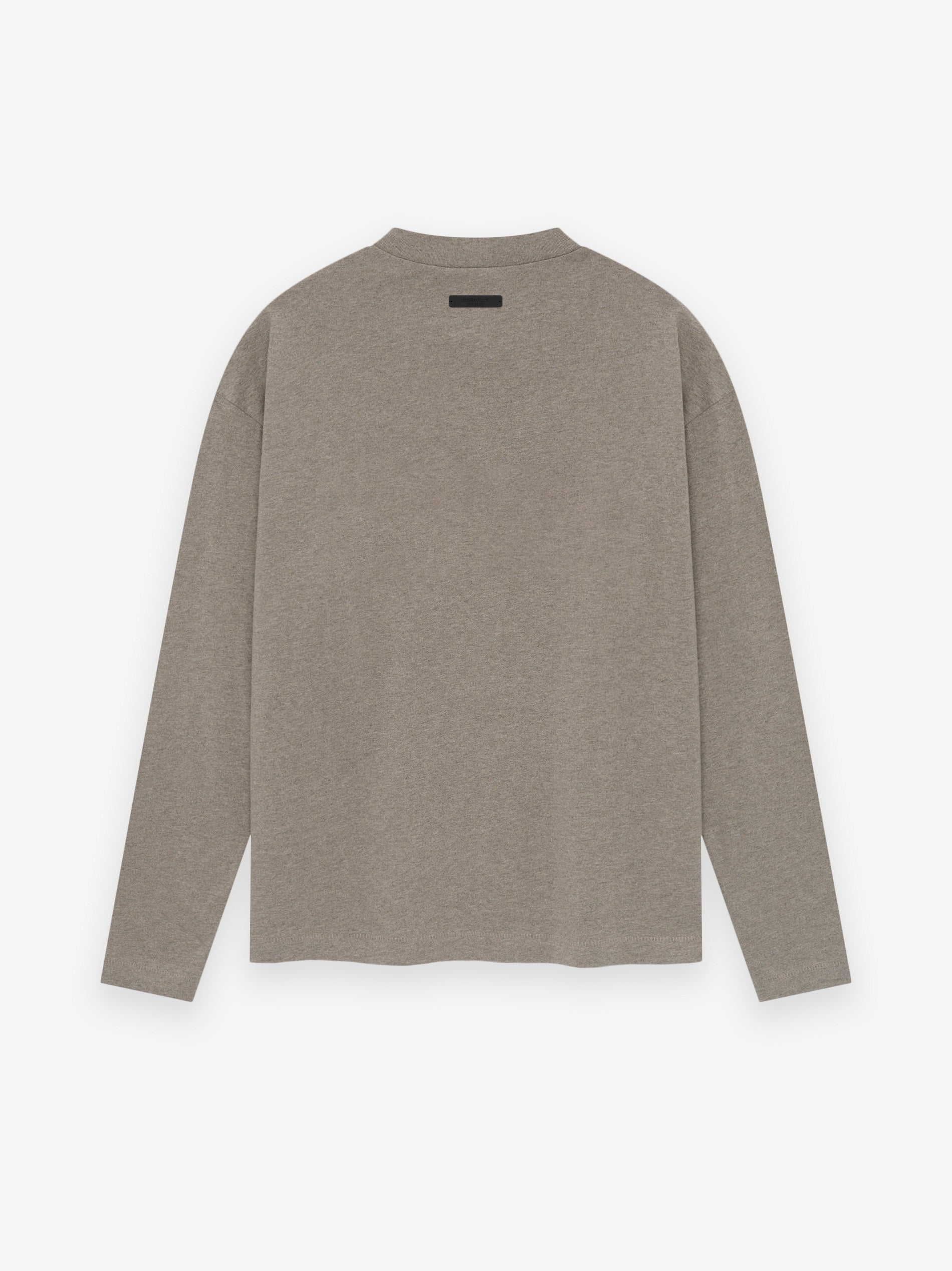 taupe medium-weight cotton jersey long sleeve tee with rib-knit crewneck and small black label on upper back