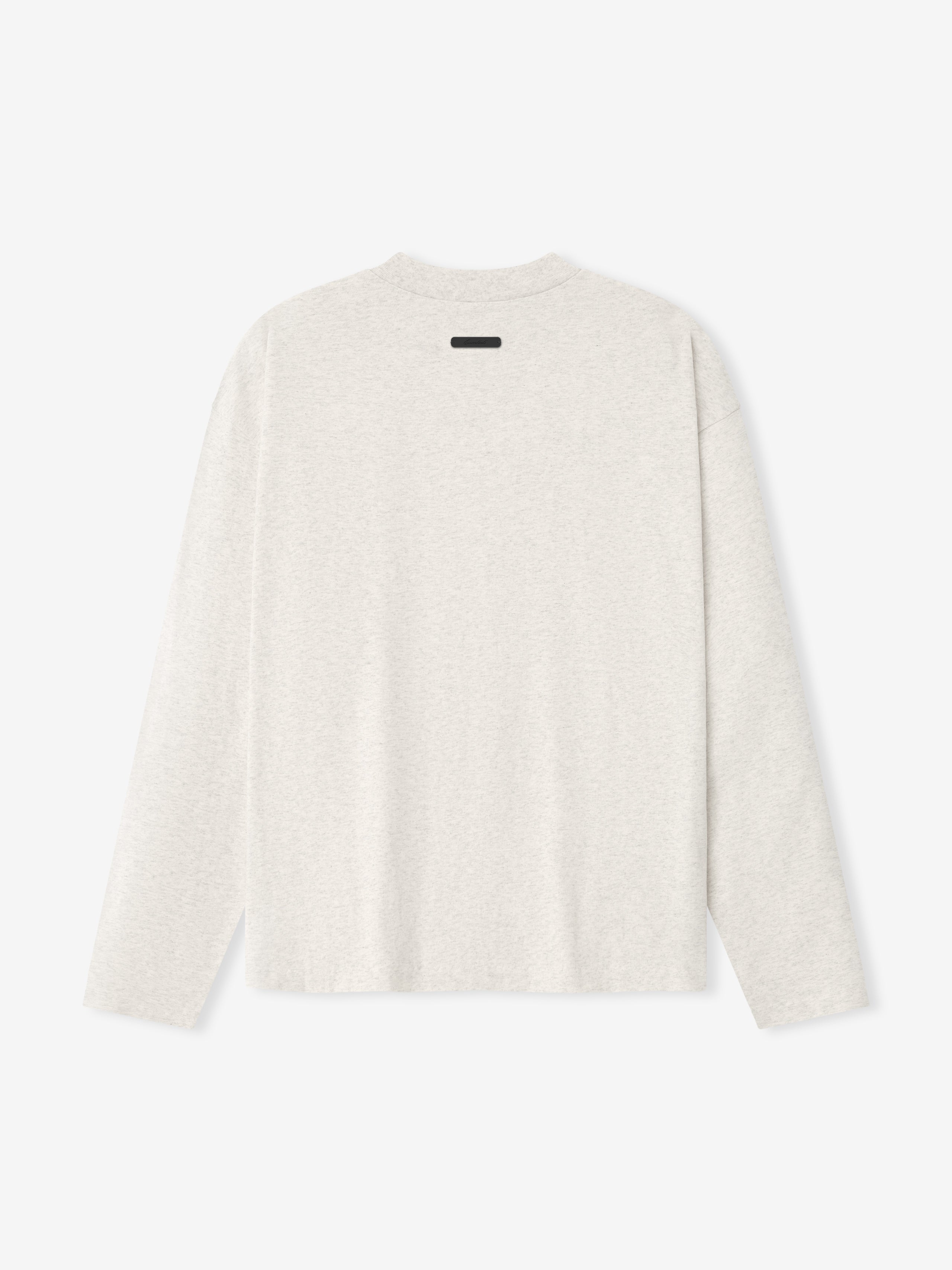 off-white medium-weight cotton jersey long sleeve tee with ribbed collar and small rectangular label on upper back