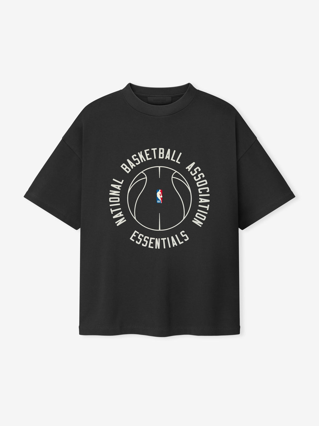 black heavy cotton jersey oversized t-shirt with circular NBA basketball graphic and Essentials text on front