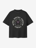 black heavy cotton jersey oversized t-shirt with circular NBA basketball graphic and Essentials text on front