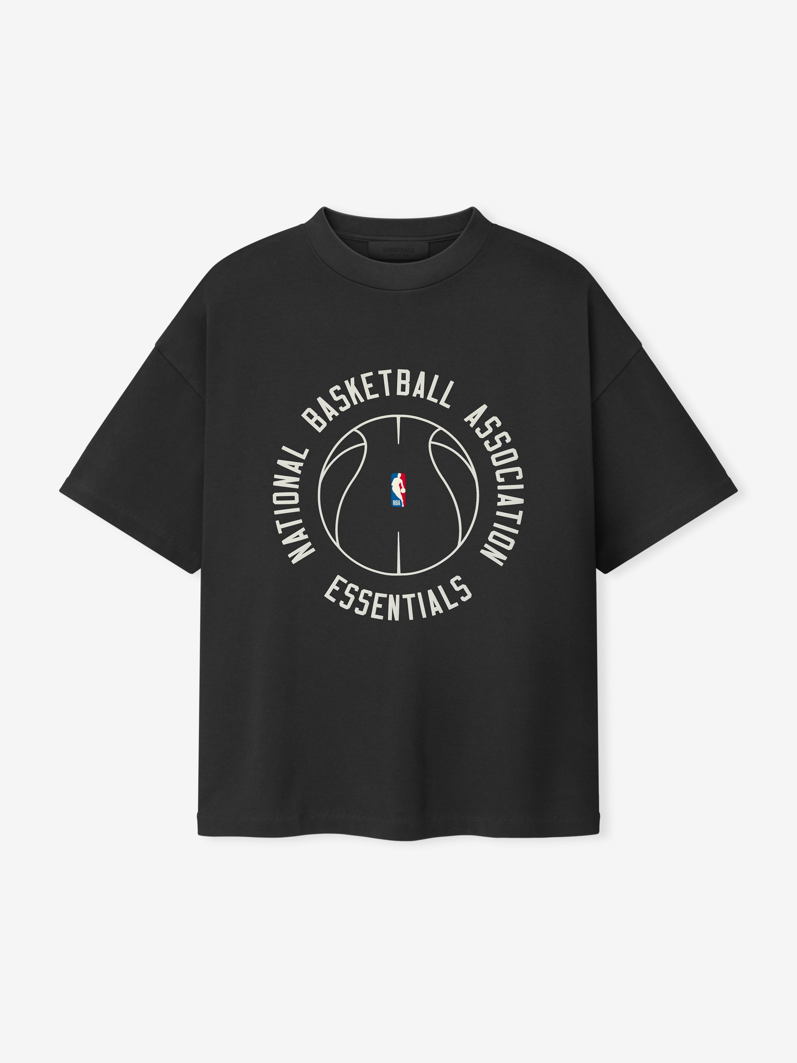 black heavy cotton jersey oversized t-shirt with circular NBA basketball graphic and Essentials text on front