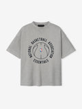 grey heavy cotton jersey oversized tee with circular basketball graphic and NBA Essentials text on front