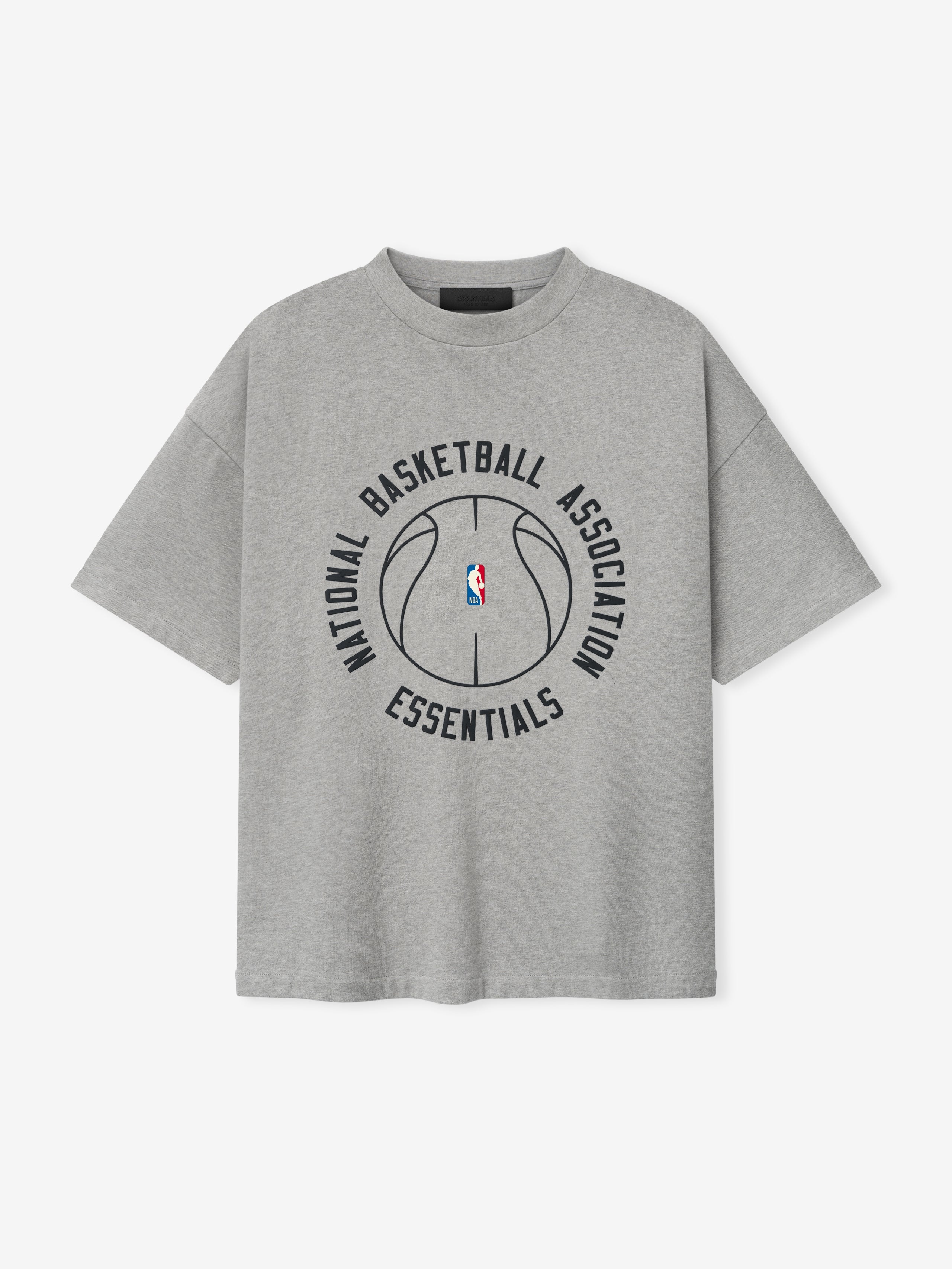 grey heavy cotton jersey oversized tee with circular basketball graphic and NBA Essentials text on front
