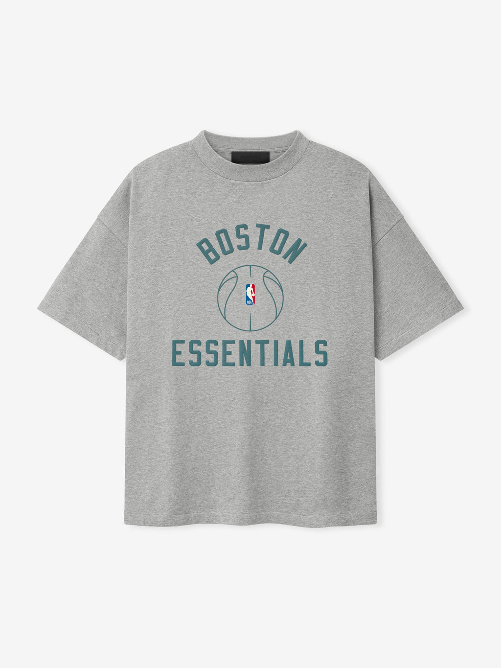 light grey heavy cotton jersey oversized tee with Boston Essentials text and outlined basketball graphic at center chest