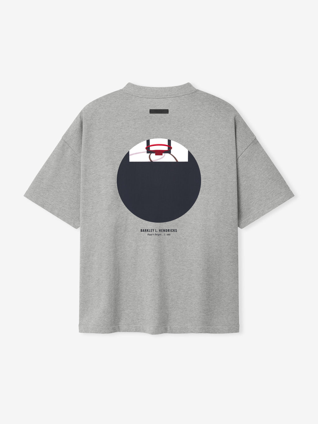 light grey oversized heavy cotton jersey tee with circular basketball hoop graphic and Barkley L. Hendricks text below