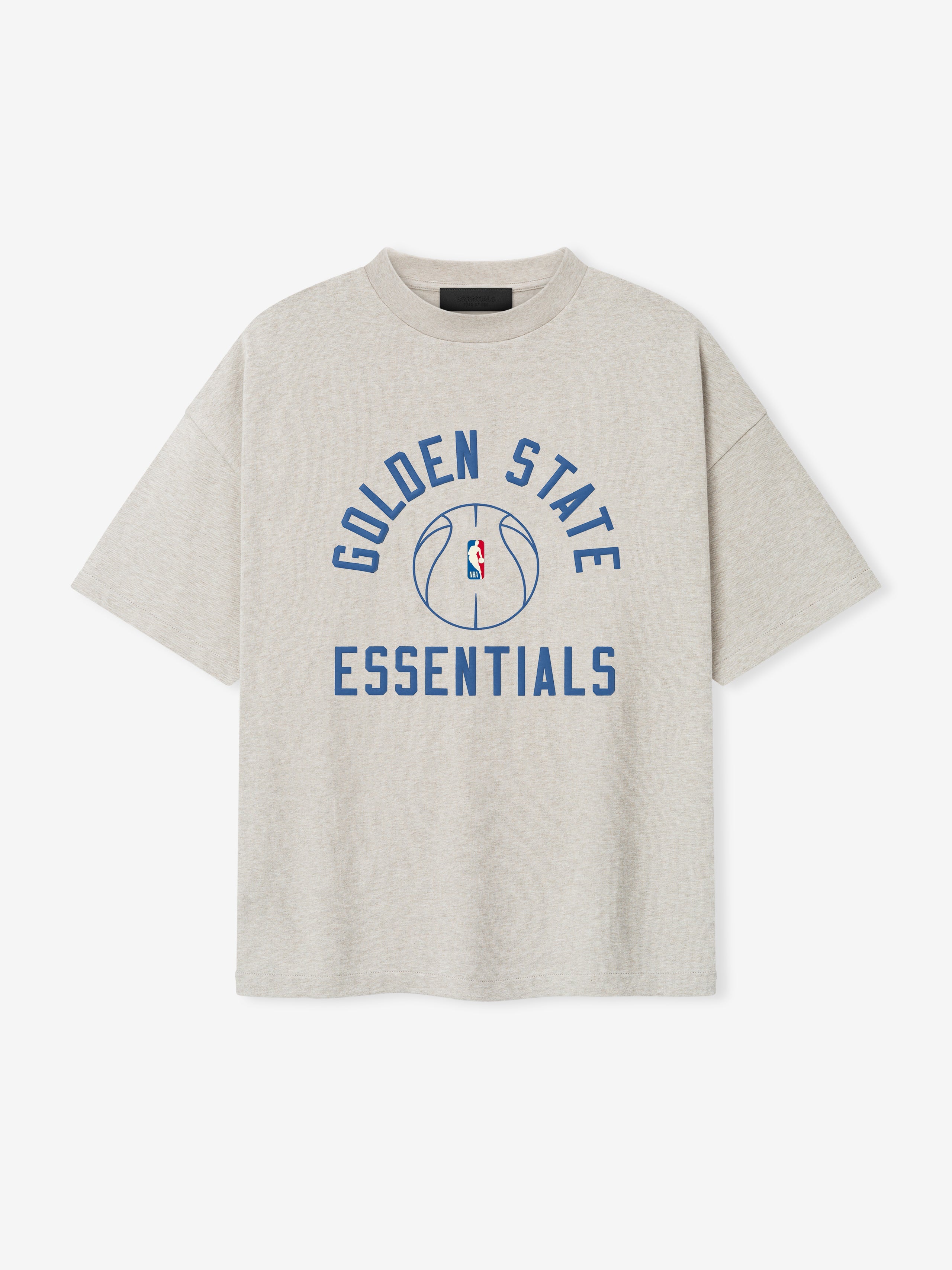 off-white oversized heavy cotton jersey tee with Golden State Essentials text and NBA logo basketball graphic center chest