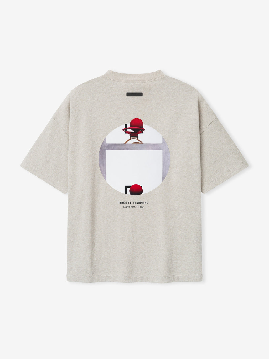 off-white oversized heavy cotton jersey tee with circular basketball hoop graphic and Barkley L. Hendricks text below back center