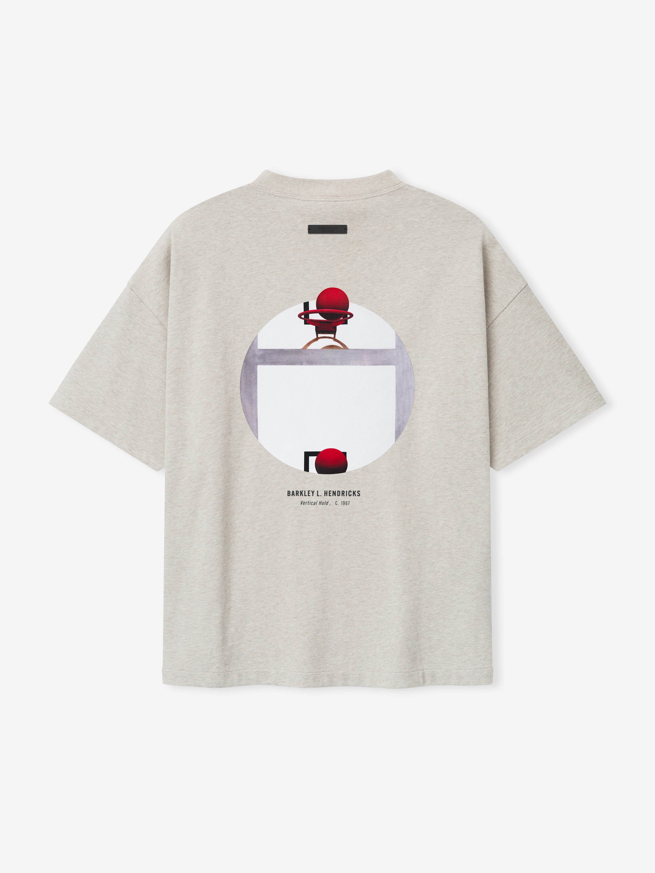 off-white oversized heavy cotton jersey tee with circular basketball hoop graphic and Barkley L. Hendricks text below back center