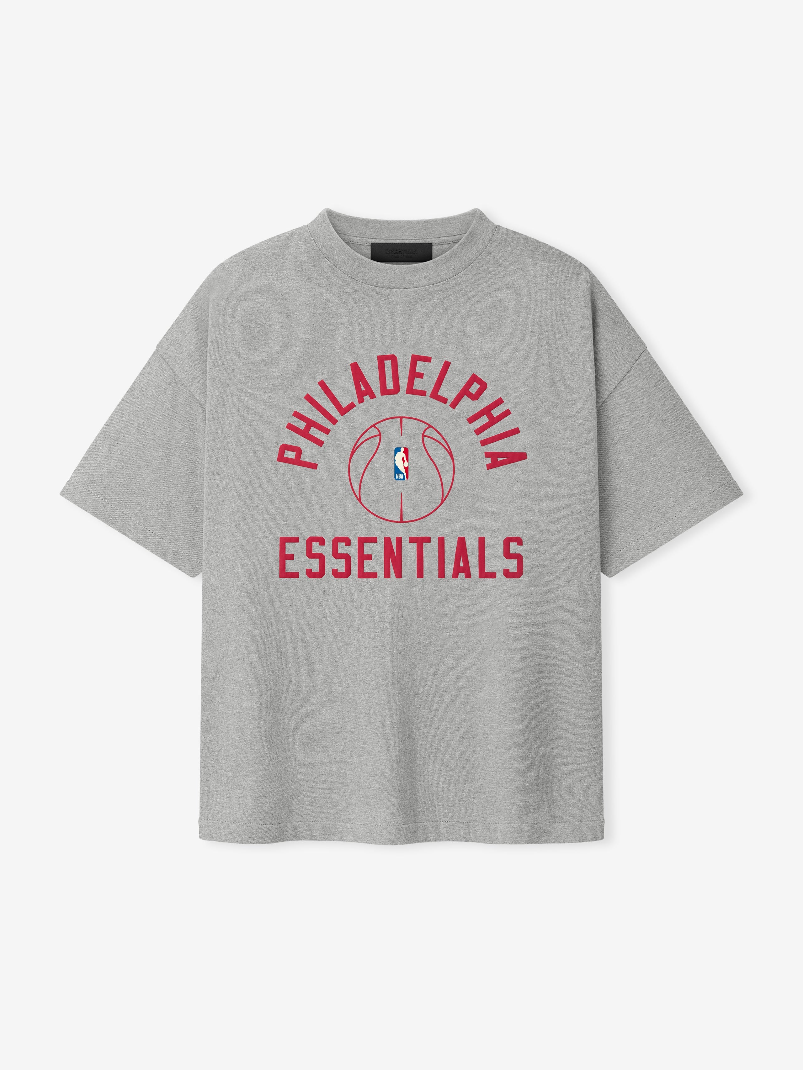 grey oversized heavy cotton jersey tee with red Philadelphia Essentials text and NBA basketball outline graphic center chest