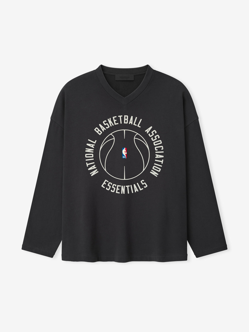 black oversized heavy cotton V-neck long sleeve tee with circular NBA Essentials basketball outline graphic center chest