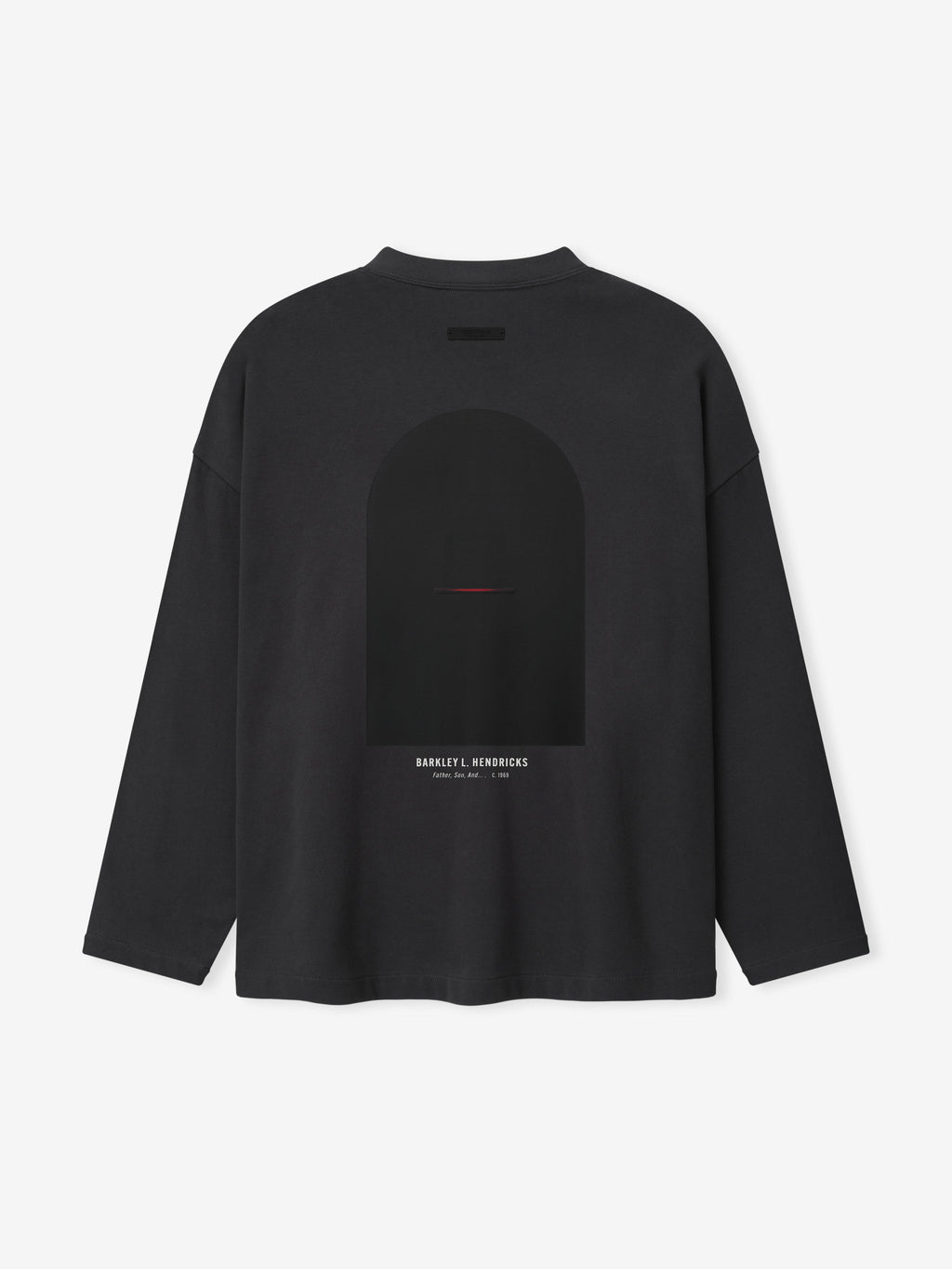 black oversized heavy cotton long sleeve tee with abstract dark arch graphic and Barkley L. Hendricks text below back center