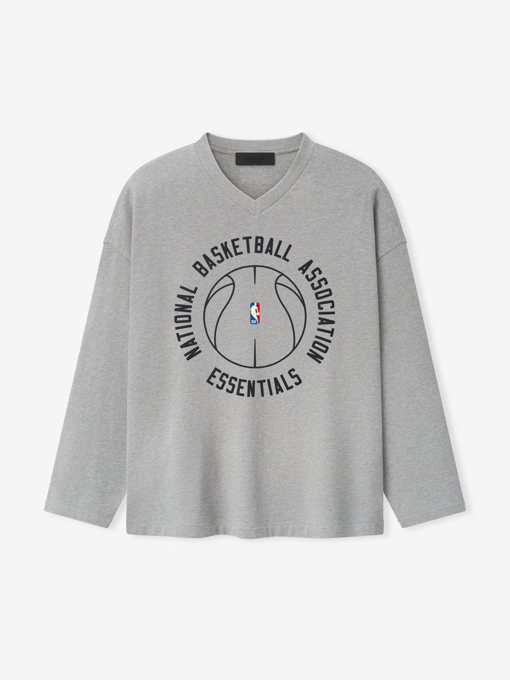 grey oversized heavy cotton long sleeve V-neck tee with circular NBA Essentials basketball graphic center chest