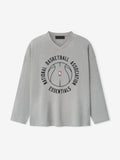 grey oversized heavy cotton long sleeve V-neck tee with circular NBA Essentials basketball graphic center chest