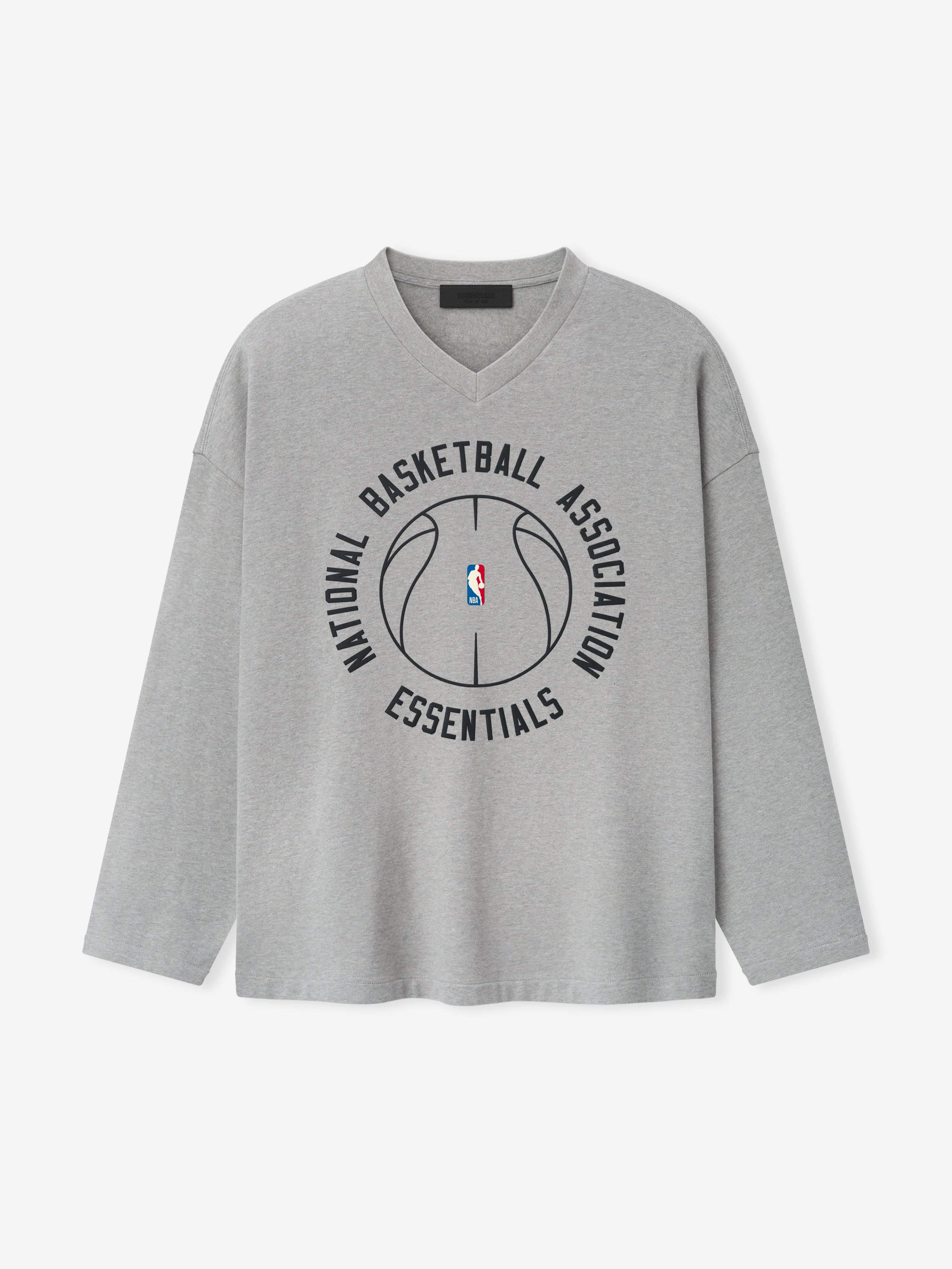 grey oversized heavy cotton long sleeve V-neck tee with circular NBA Essentials basketball graphic center chest