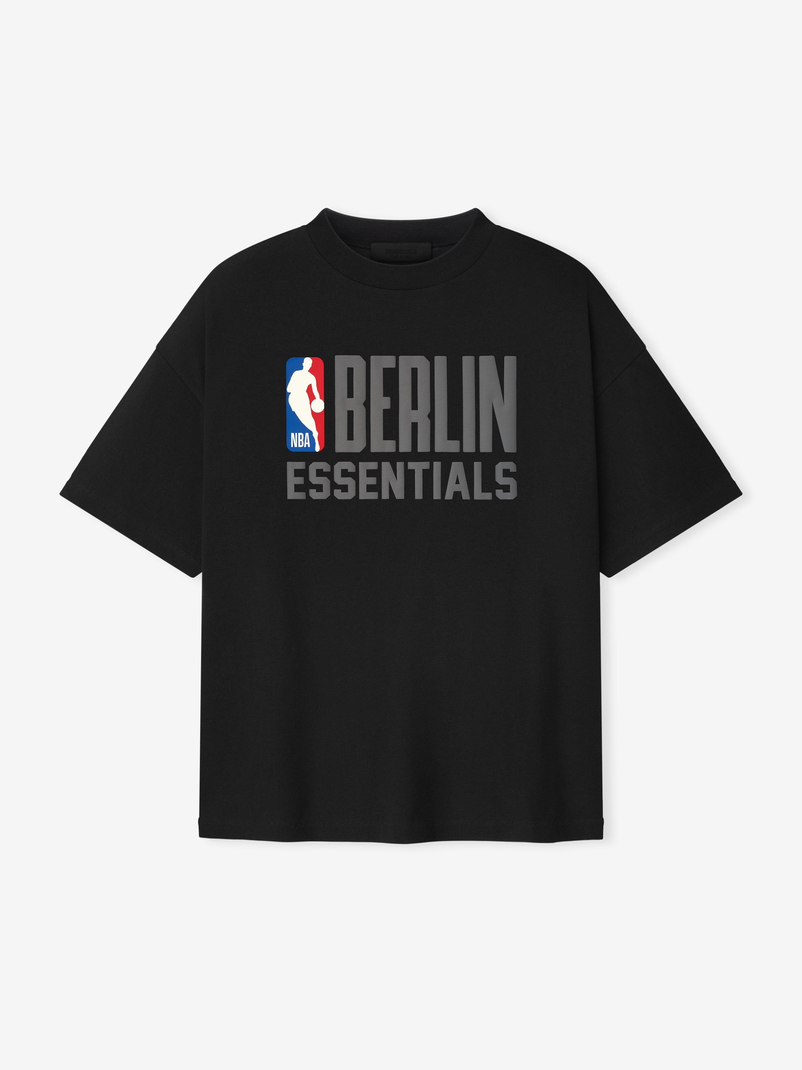 Straight-on view of black Berlin 90s Fit Tee with grey BERLIN ESSENTIALS text and NBA logo, file 125EU264201F_BERLIN_90S_FIT_TEE-BLACK_1.jpg