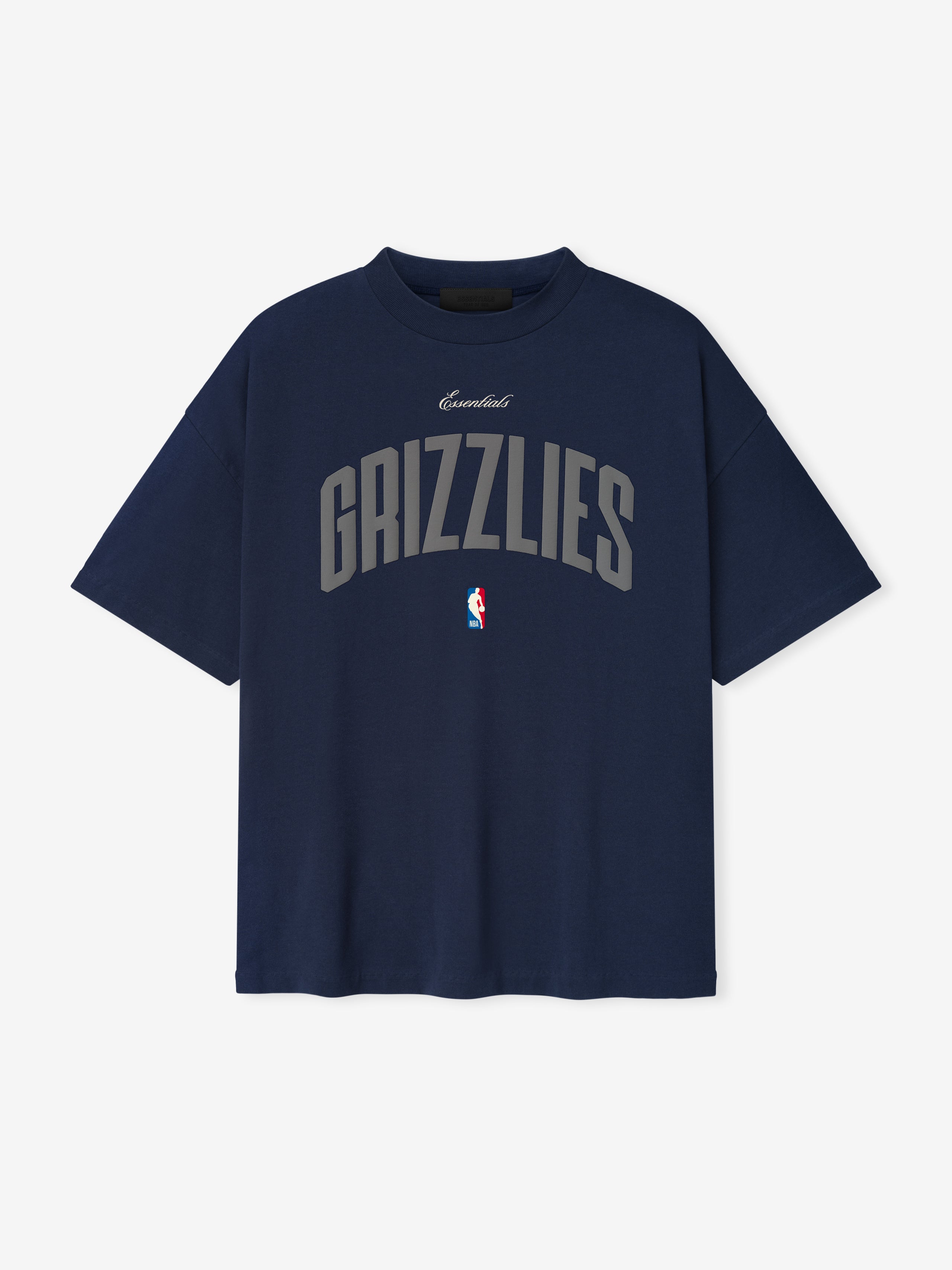 Front view of midnight navy Memphis Grizzlies 90'S Fit Tee with large grey Grizzlies text and small NBA logo, file 125EU264204F