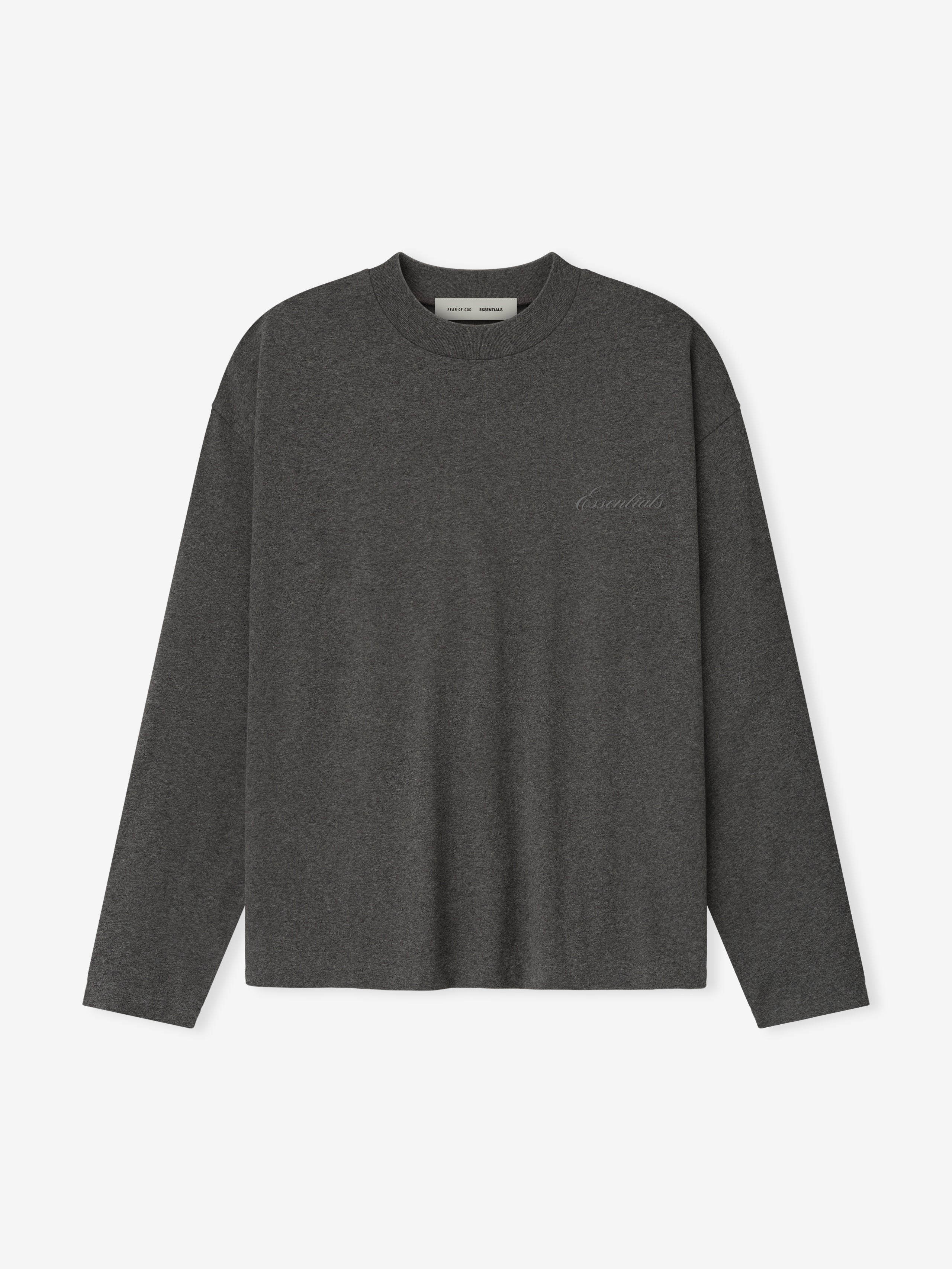 Charcoal heather Embroidered Classic Fit Long Sleeve Tee with subtle tonal logo, front view flat lay, gallery image 0