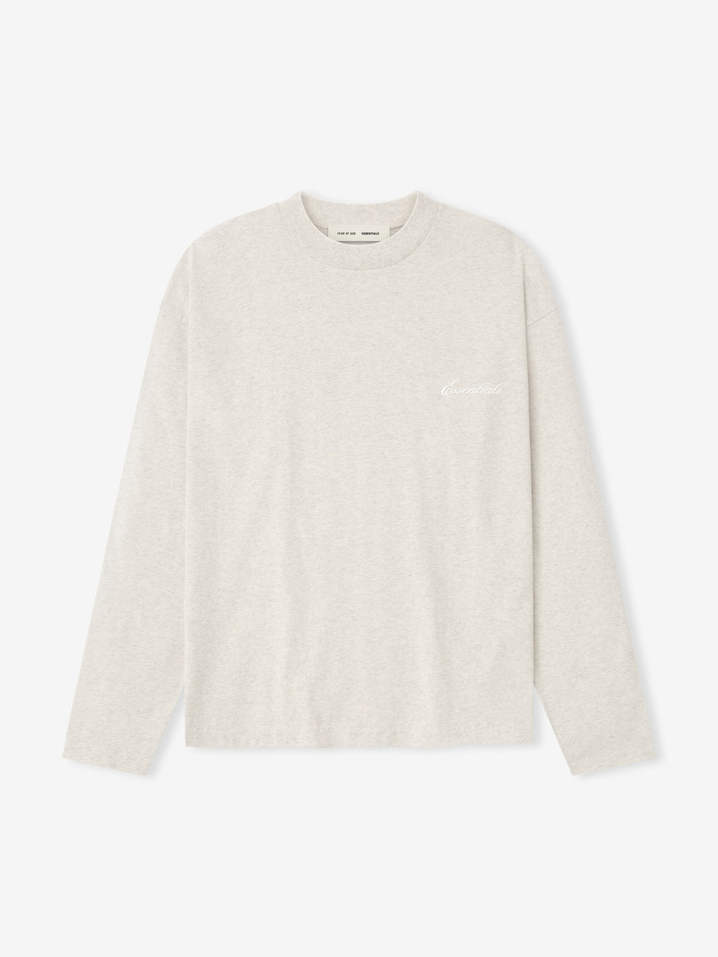 Flat lay of oatmeal heather Embroidered Classic Long Sleeve Tee with subtle chest logo, gallery image 0