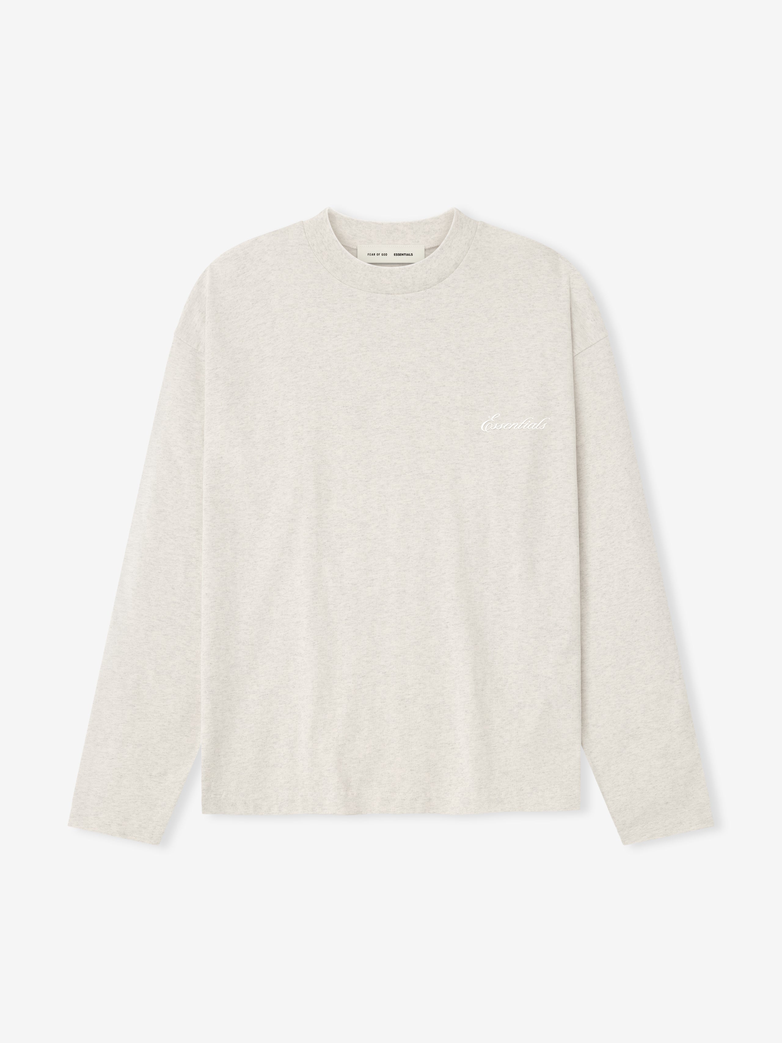 Flat lay of oatmeal heather Embroidered Classic Long Sleeve Tee with subtle chest logo, gallery image 0