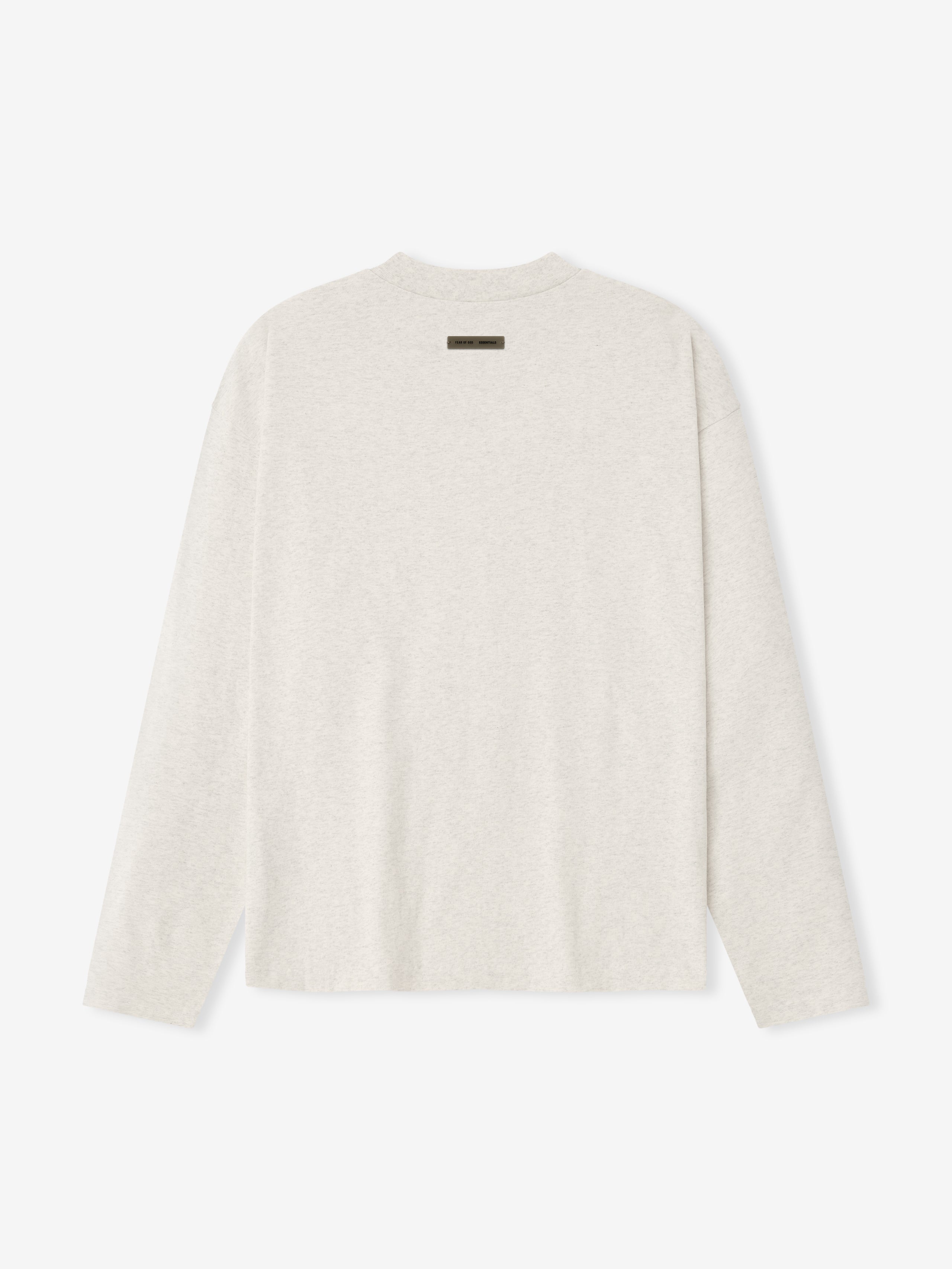 Back view of oatmeal heather Embroidered Classic Long Sleeve Tee with small logo patch near neckline, gallery image 0