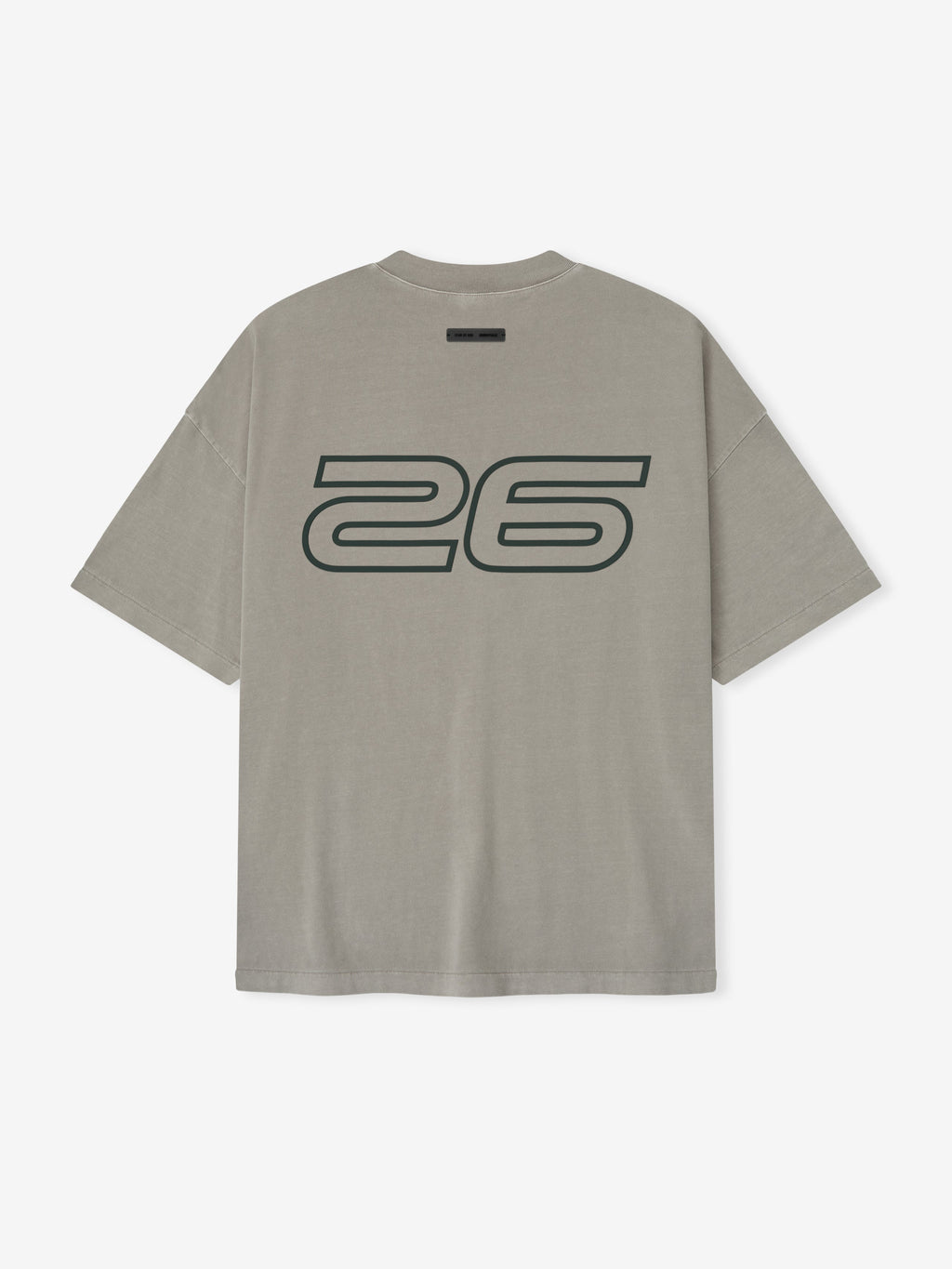 Rear view of smoke grey Fear of God Essentials 90s Tee featuring large outlined 26 print, gallery image zero file name detail