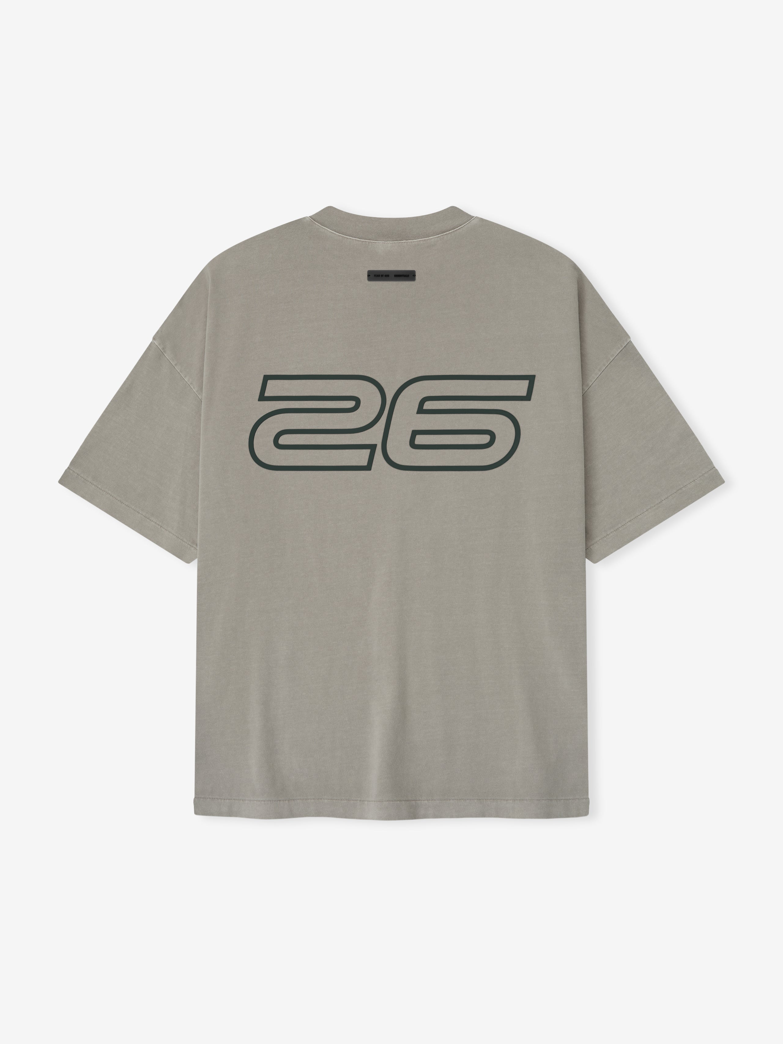 Rear view of smoke grey Fear of God Essentials 90s Tee featuring large outlined 26 print, gallery image zero file name detail