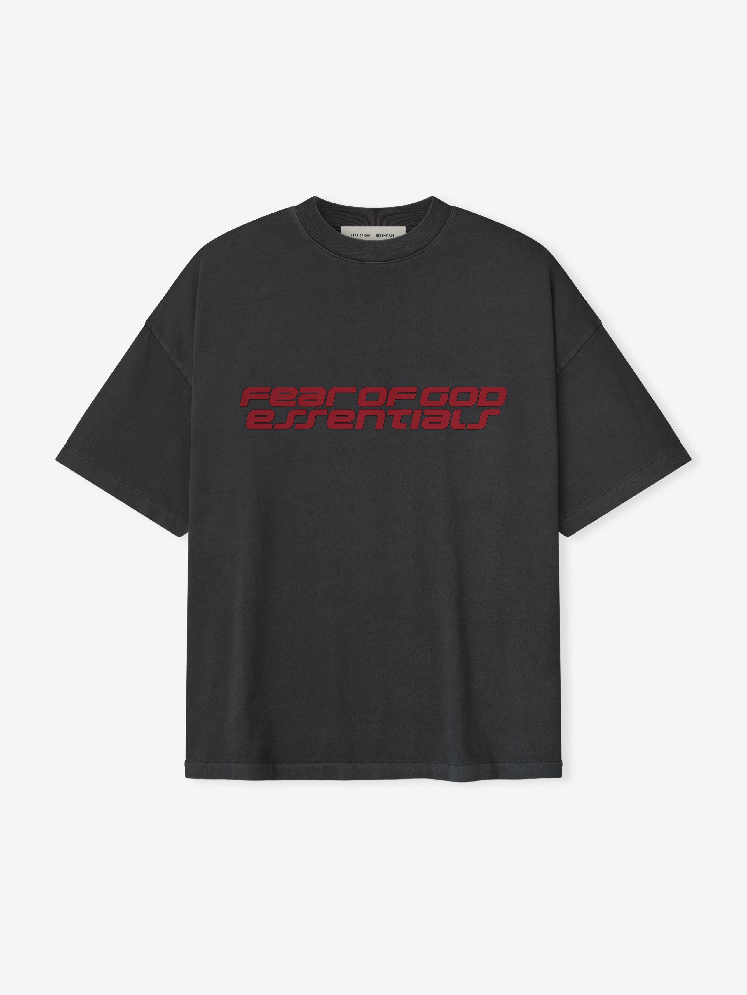 Iron grey Fear of God Essentials 90s Tee with bold red logo text across chest, flat lay front view, gallery first image