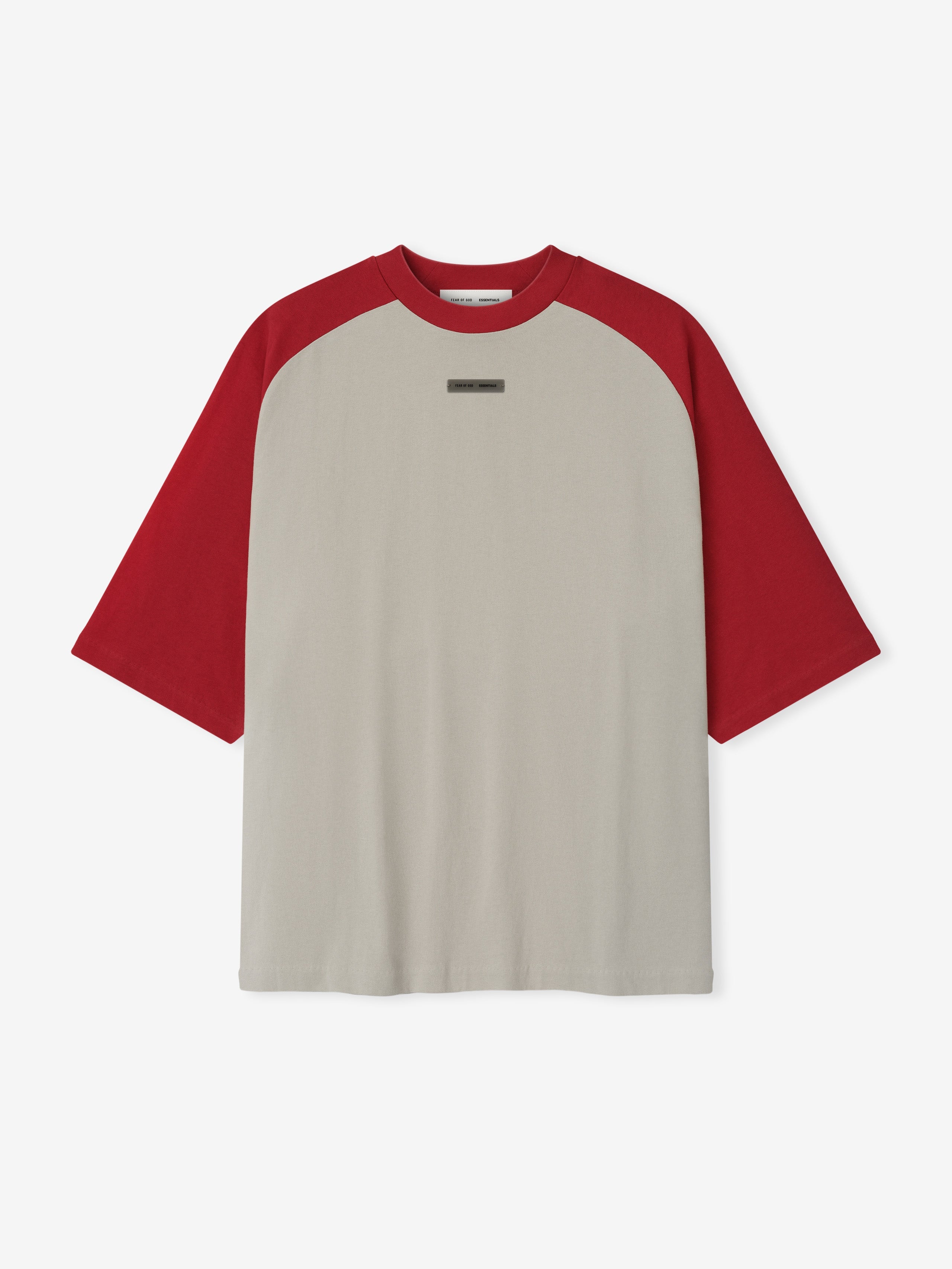 Flat lay of smoke grey baseball tee with bold crimson raglan sleeves and small rectangular label on chest center.