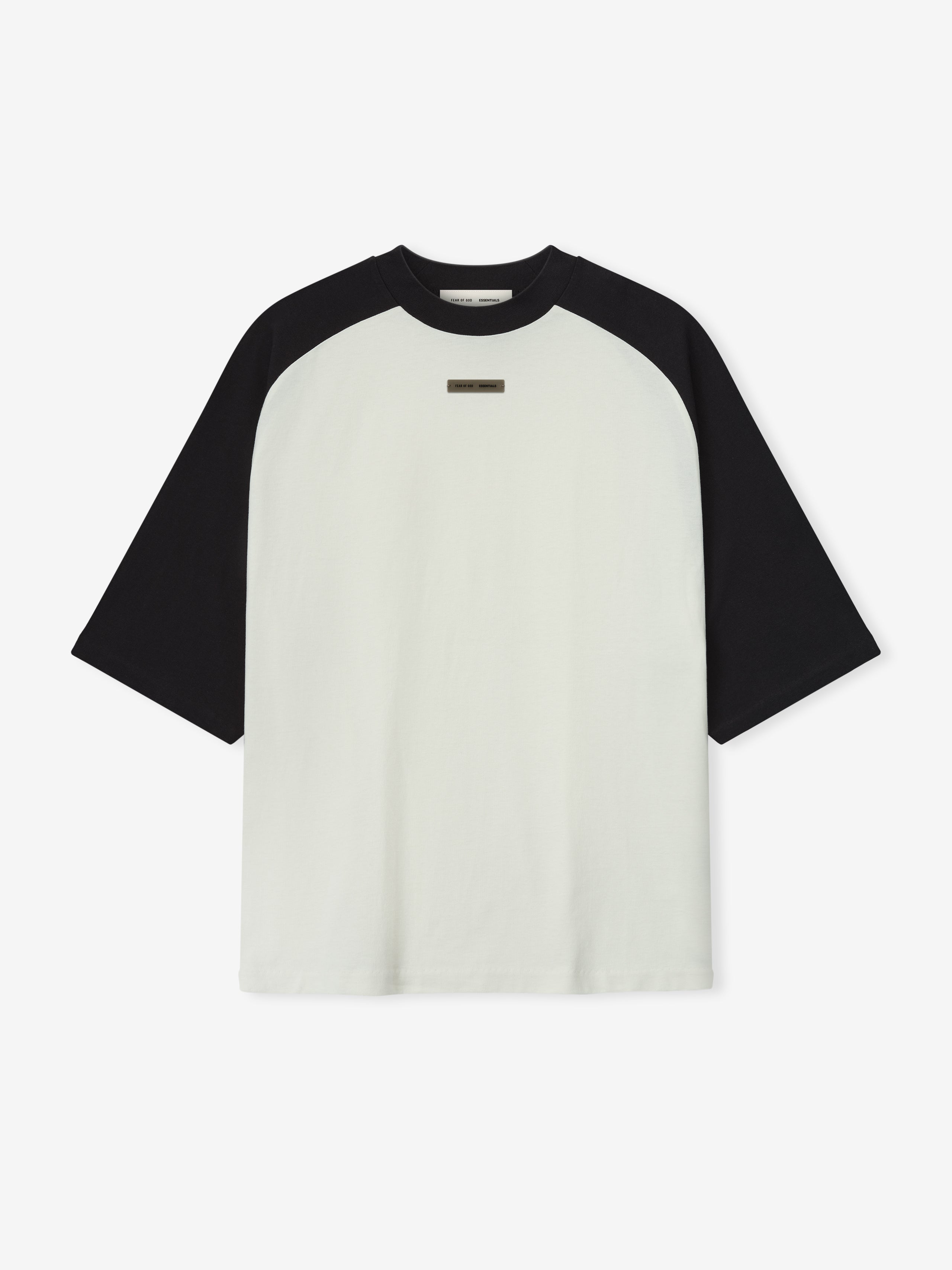 Ivory Baseball Tee with contrasting black raglan sleeves and a small centered label on the chest, front view.