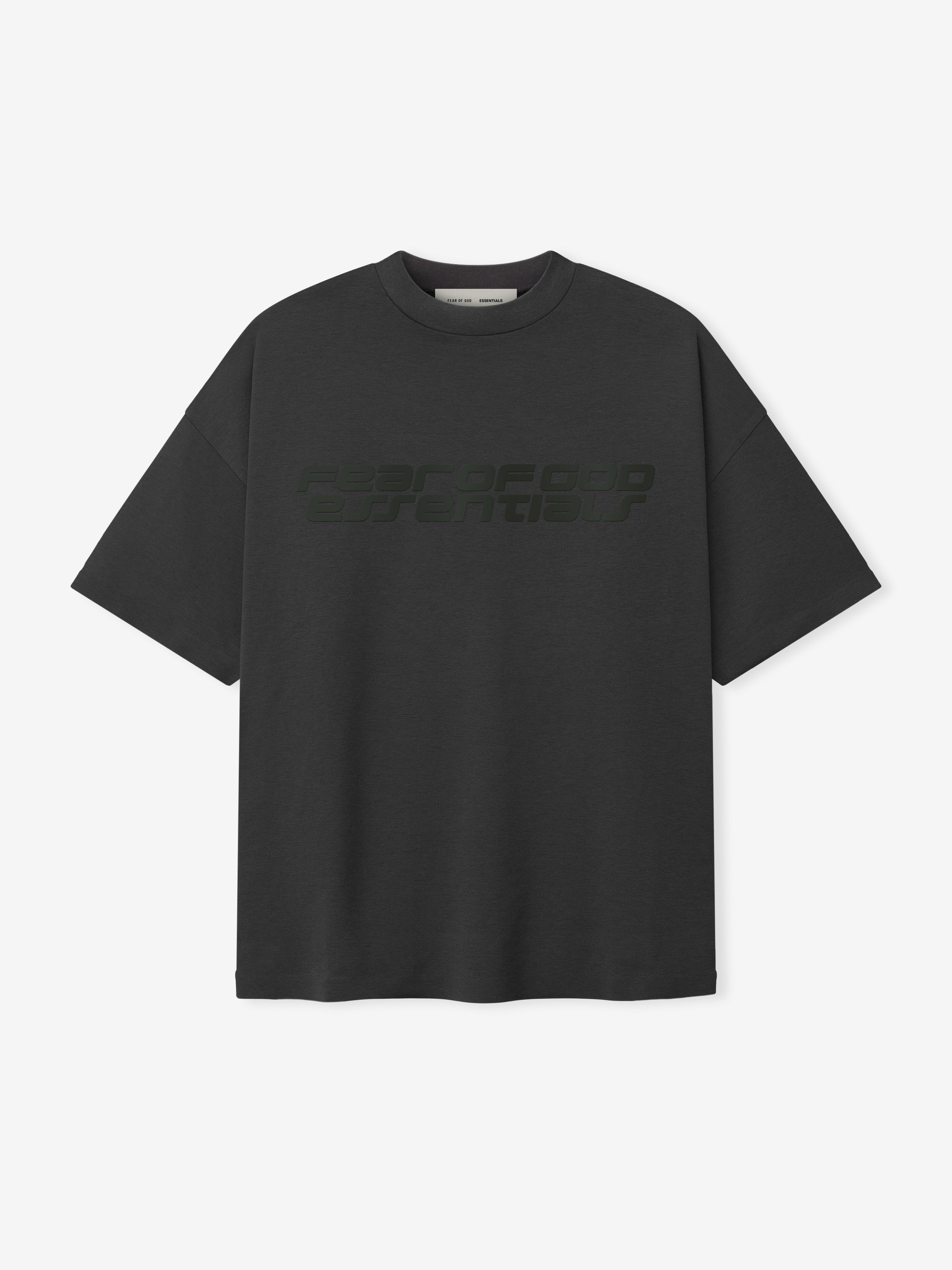 Front view of iron grey Ponte 90s Tee with dropped shoulders and subtle tonal Fear of God Essentials logo text across chest