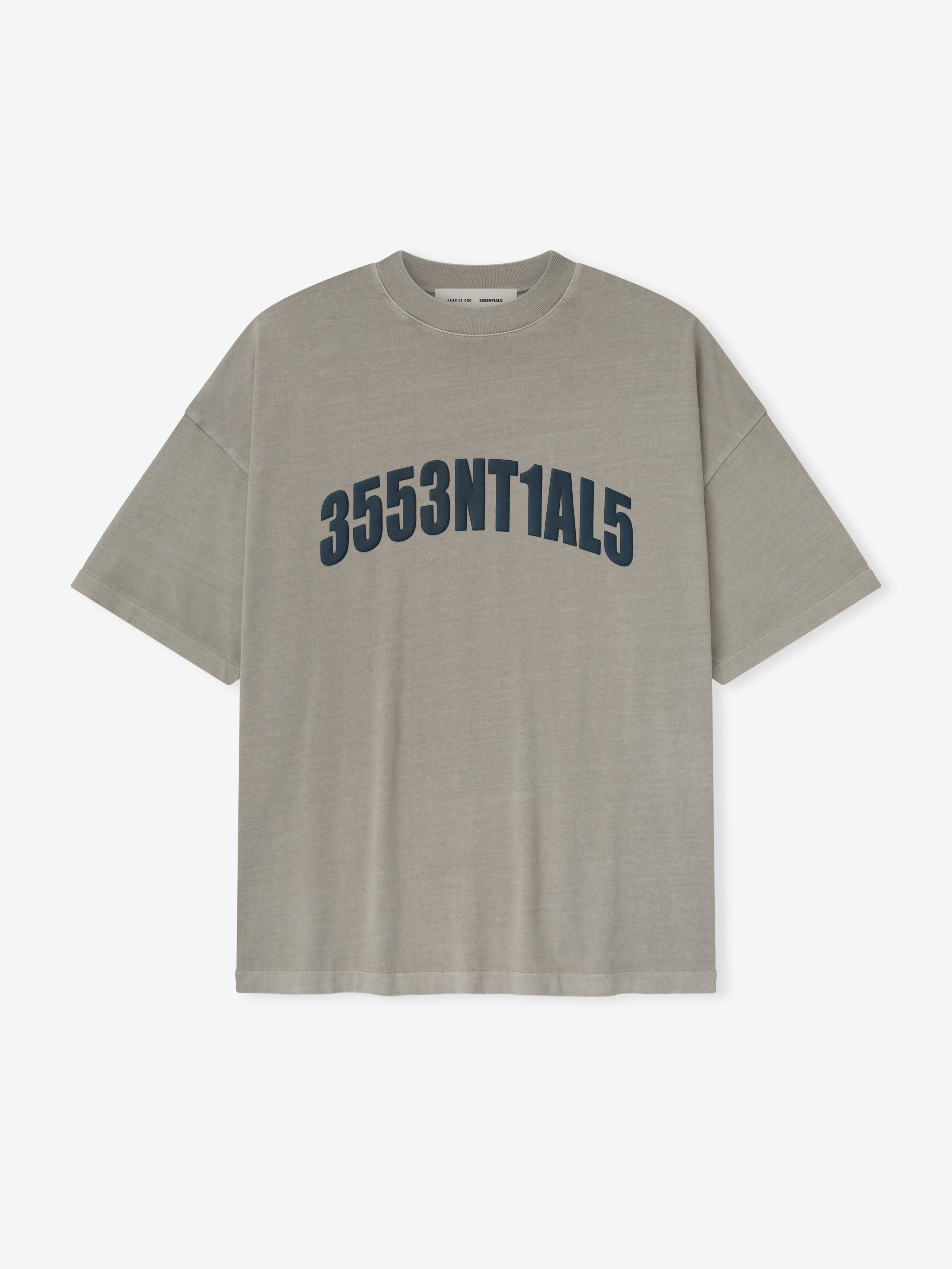 Front view of smoke grey New York 90s Tee with navy blue alphanumeric print on soft short-sleeve cotton fabric