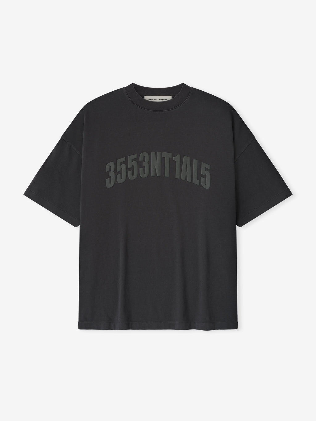 Front view of vintage black Los Angeles 90s Tee with short sleeves and embossed tonal numeric print on chest