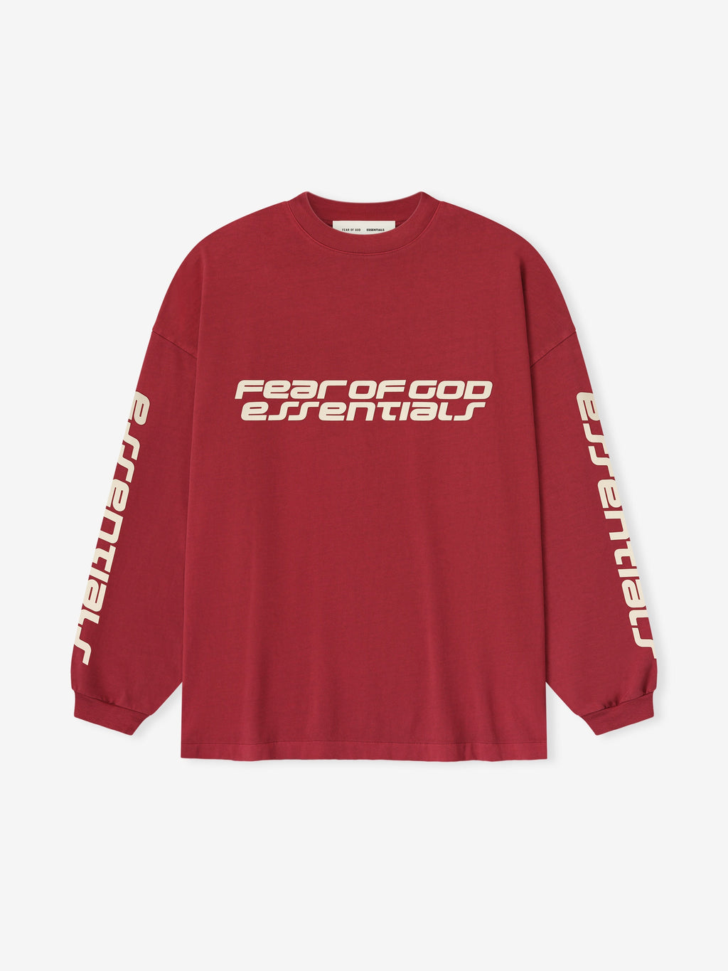 Crimson 90s Long Sleeve Tee with Fear of God Essentials logo across chest and text down both sleeves, gallery 0.