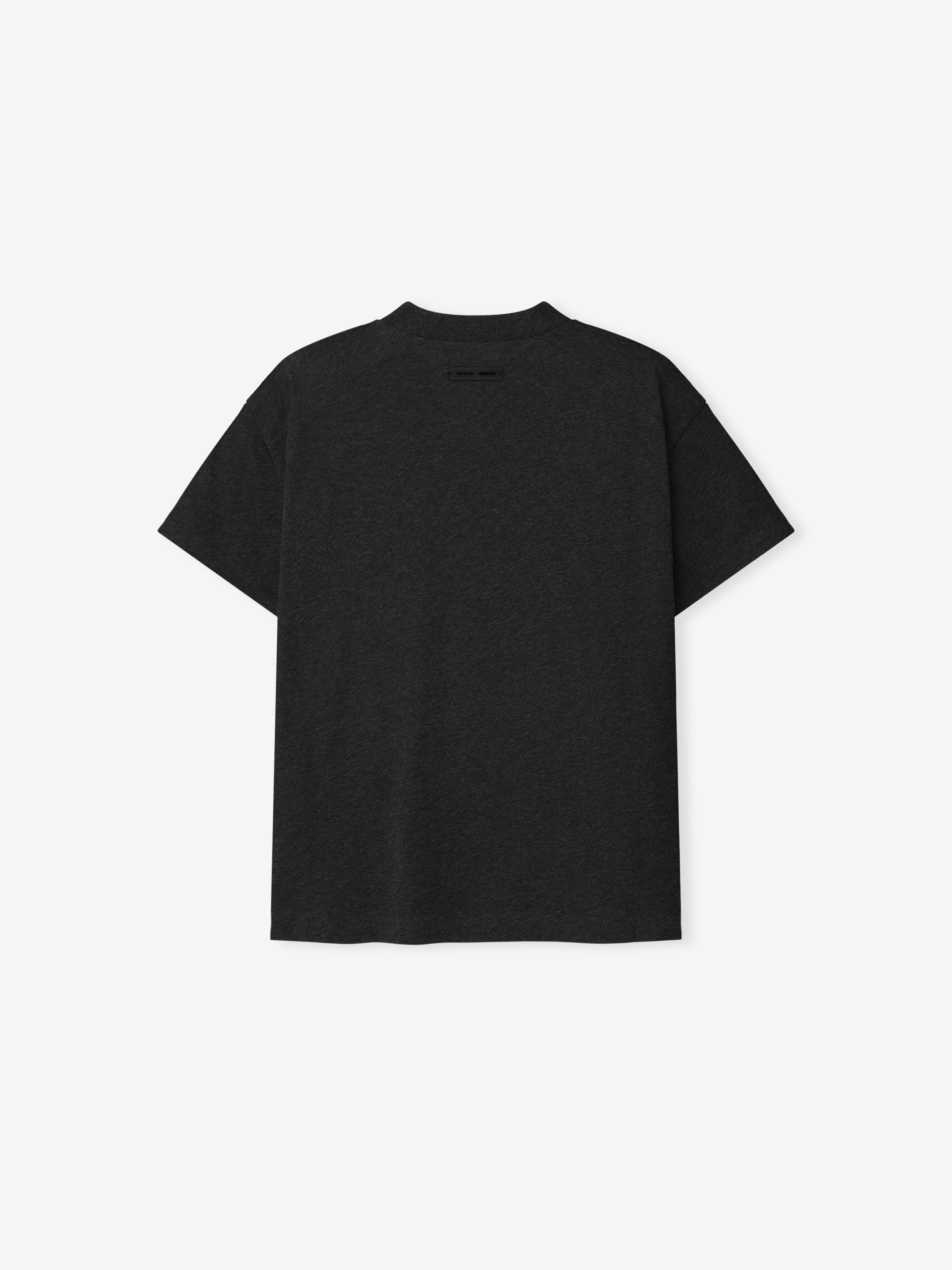 Rear view of vintage black Womens Classic Fit Embroidered Tee with short sleeves on plain light background