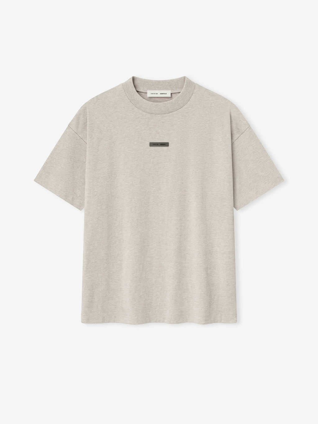 front view of light beige medium-weight cotton jersey tee with rib-knit crewneck and small rectangular logo patch on chest