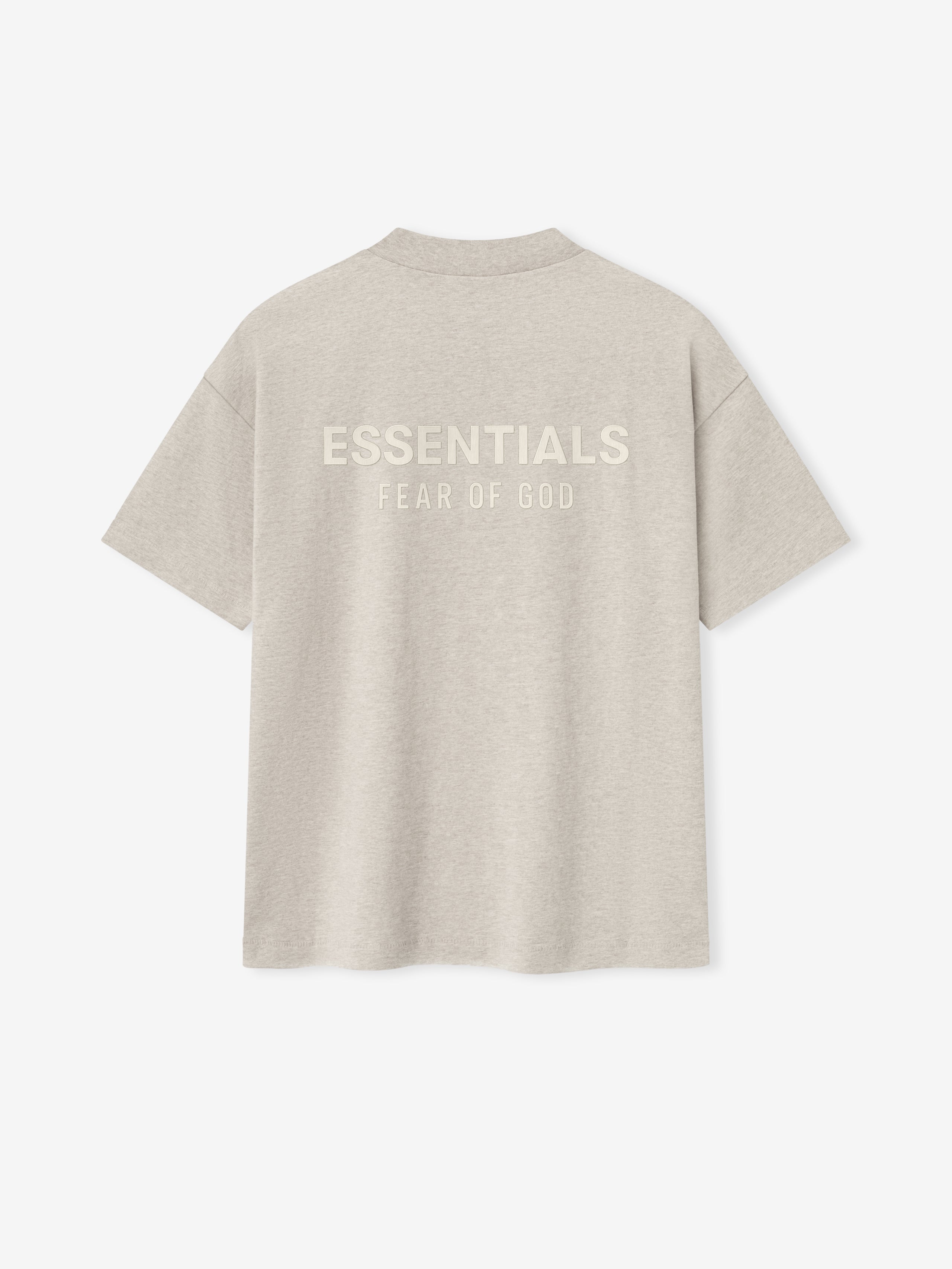 back view of light beige medium-weight cotton tee with ESSENTIALS Fear of God printed logo across upper back