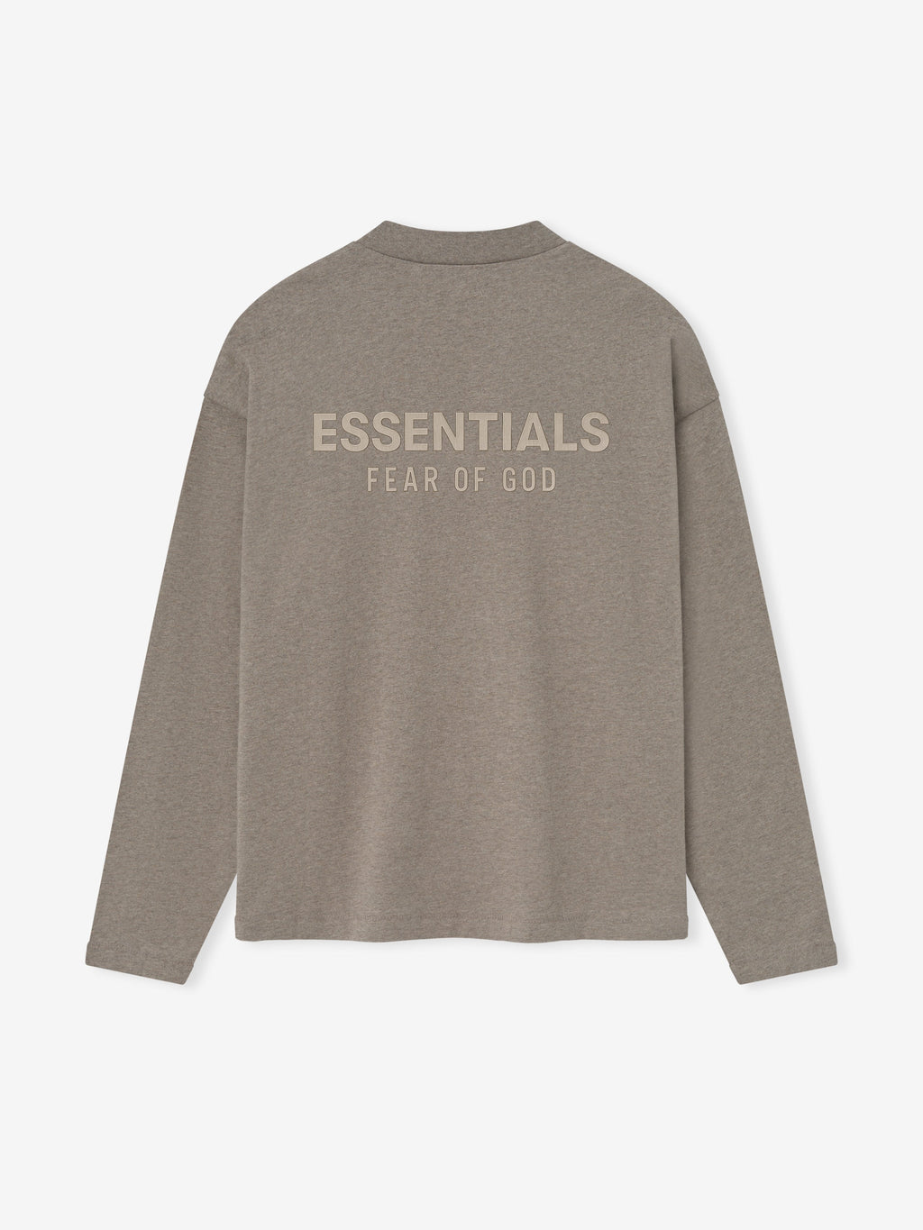 back view of taupe medium-weight cotton long sleeve tee with ESSENTIALS Fear of God printed logo on upper back