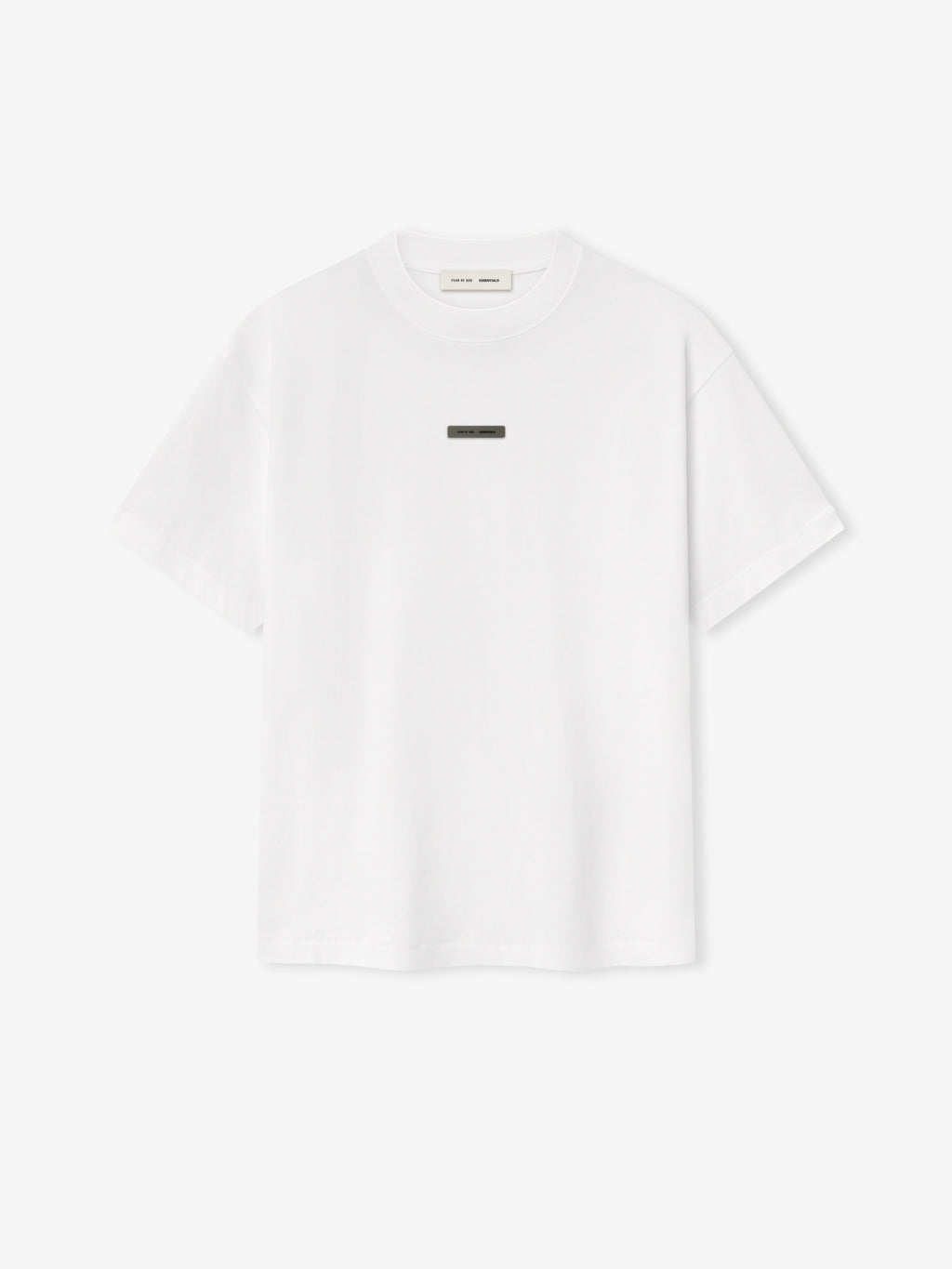front view of white lightweight cotton jersey tee with rib-knit crewneck and small rectangular logo patch on chest