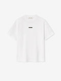front view of white lightweight cotton jersey tee with rib-knit crewneck and small rectangular logo patch on chest