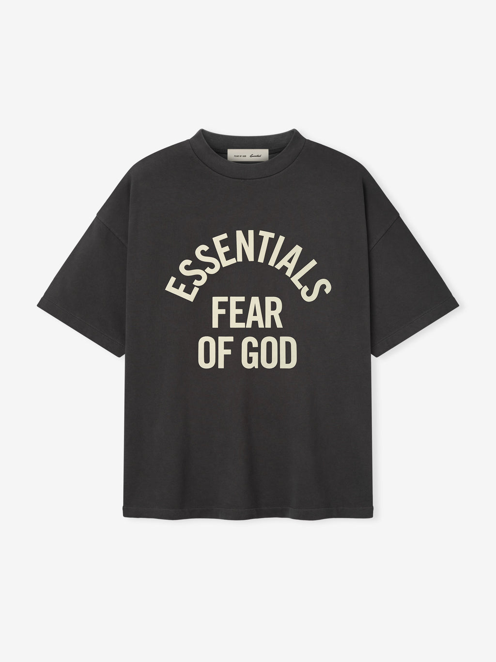 Black t-shirt with 'Essentials Fear of God' text on a white background