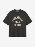 Black t-shirt with 'Essentials Fear of God' text on a white background
