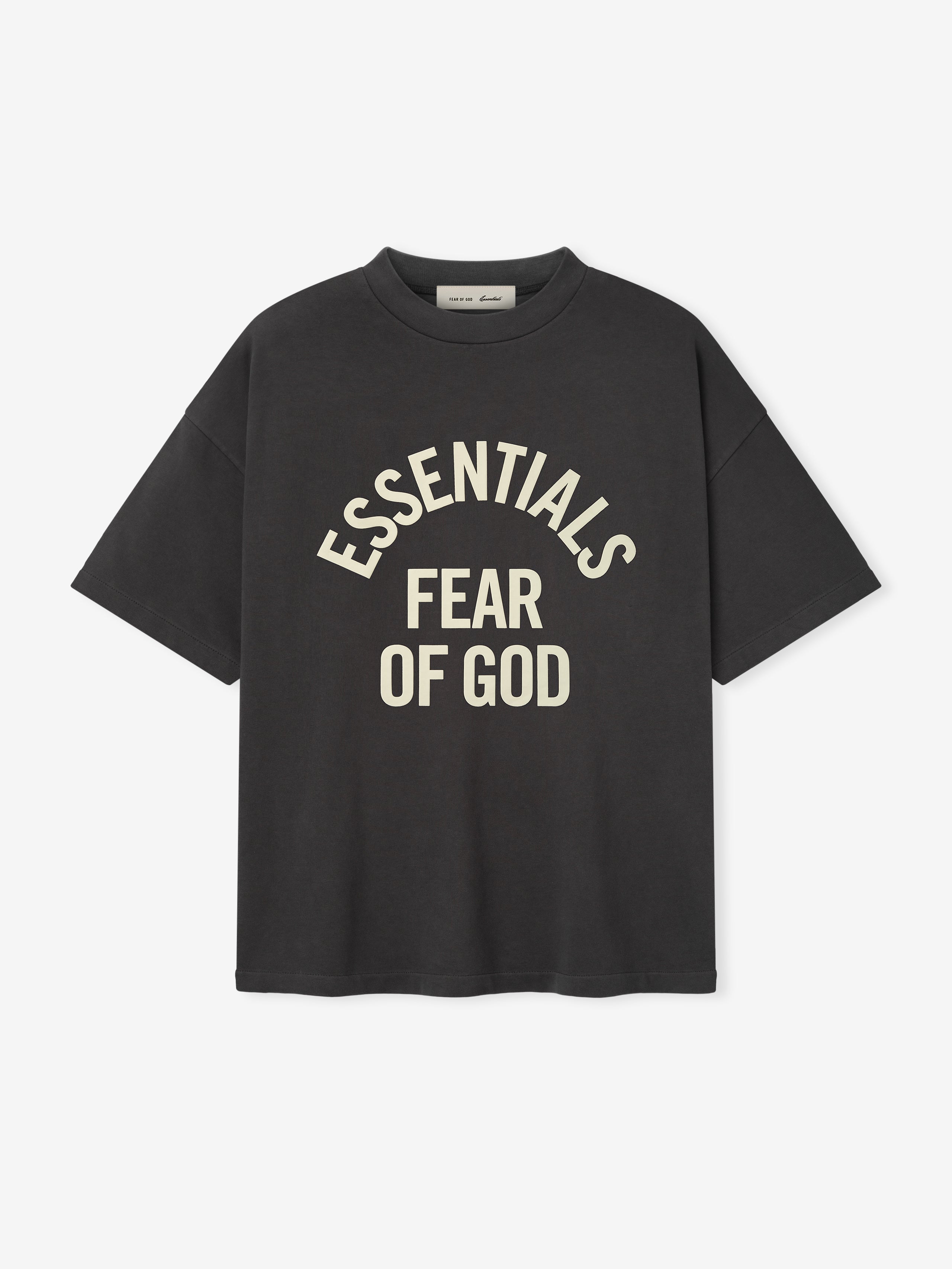 Black t-shirt with 'Essentials Fear of God' text on a white background