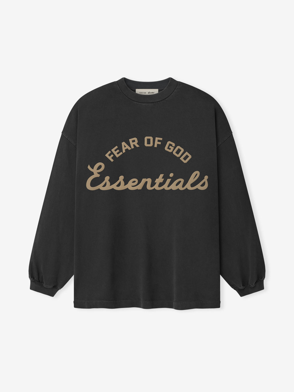 heavyweight pigment-dyed cotton long sleeve tee with oversized 90s silhouette and curved ESSENTIALS FEAR OF GOD logo front