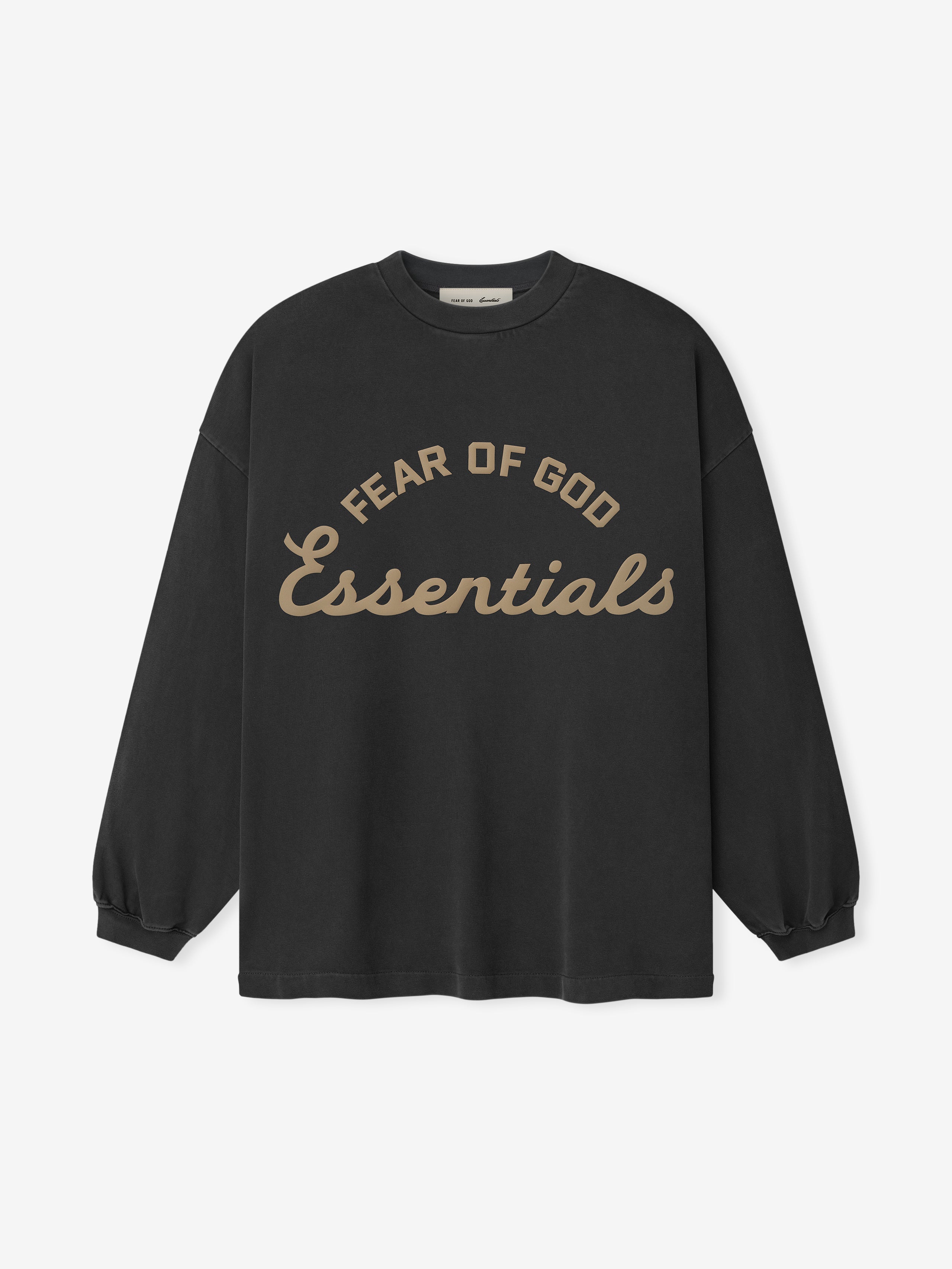 heavyweight pigment-dyed cotton long sleeve tee with oversized 90s silhouette and curved ESSENTIALS FEAR OF GOD logo front