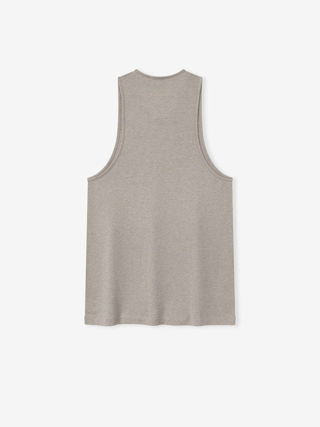 back view of lightweight taupe tri-blend U-neck tank top with vintage slim fit and extended length silhouette