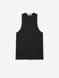 black ribbed cotton spandex tank top with relaxed fit, U-neck, dropped armholes, and subtle Essentials logo on chest