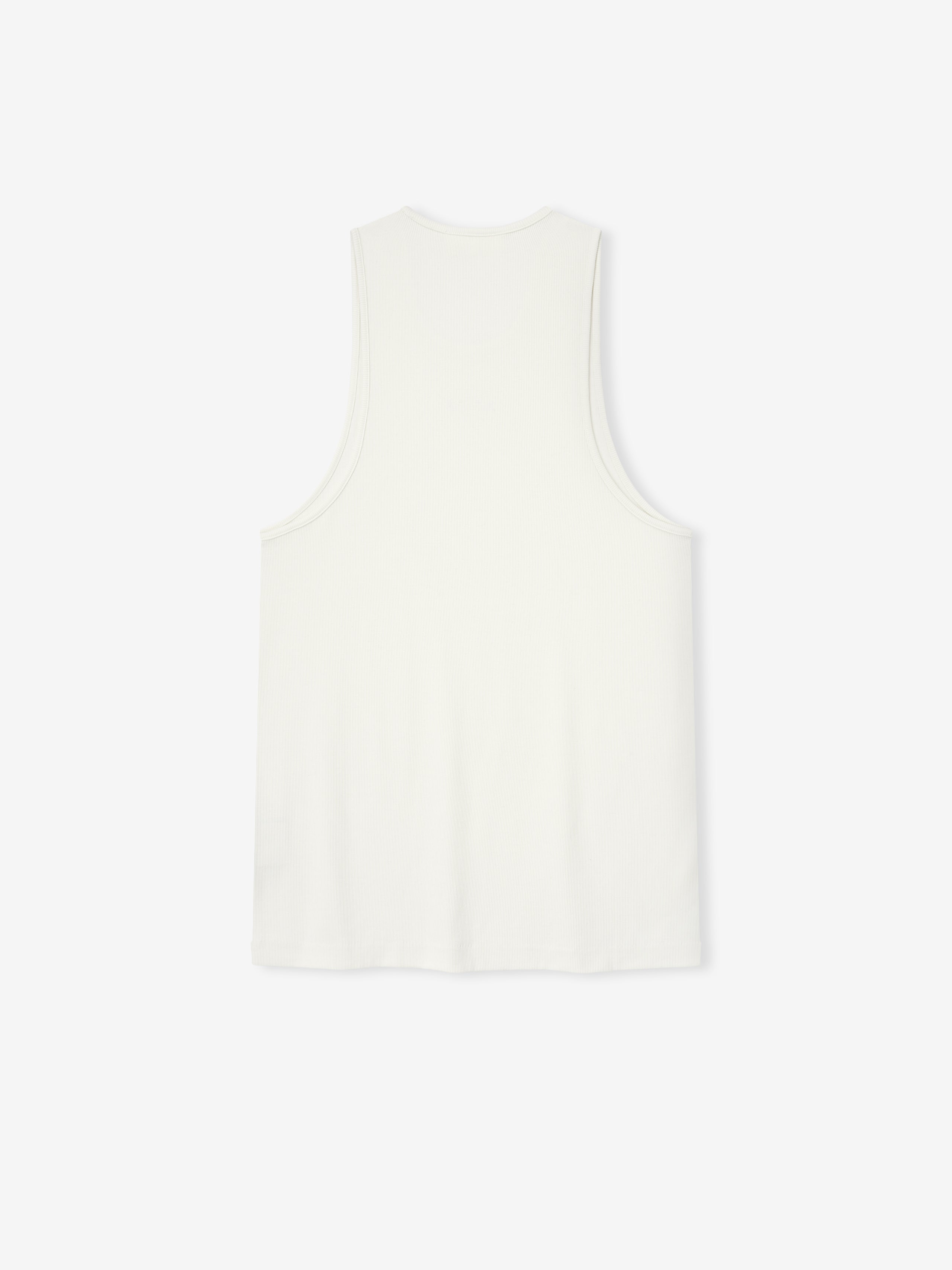 back view of off-white ribbed cotton spandex tank with relaxed fit and dropped armholes